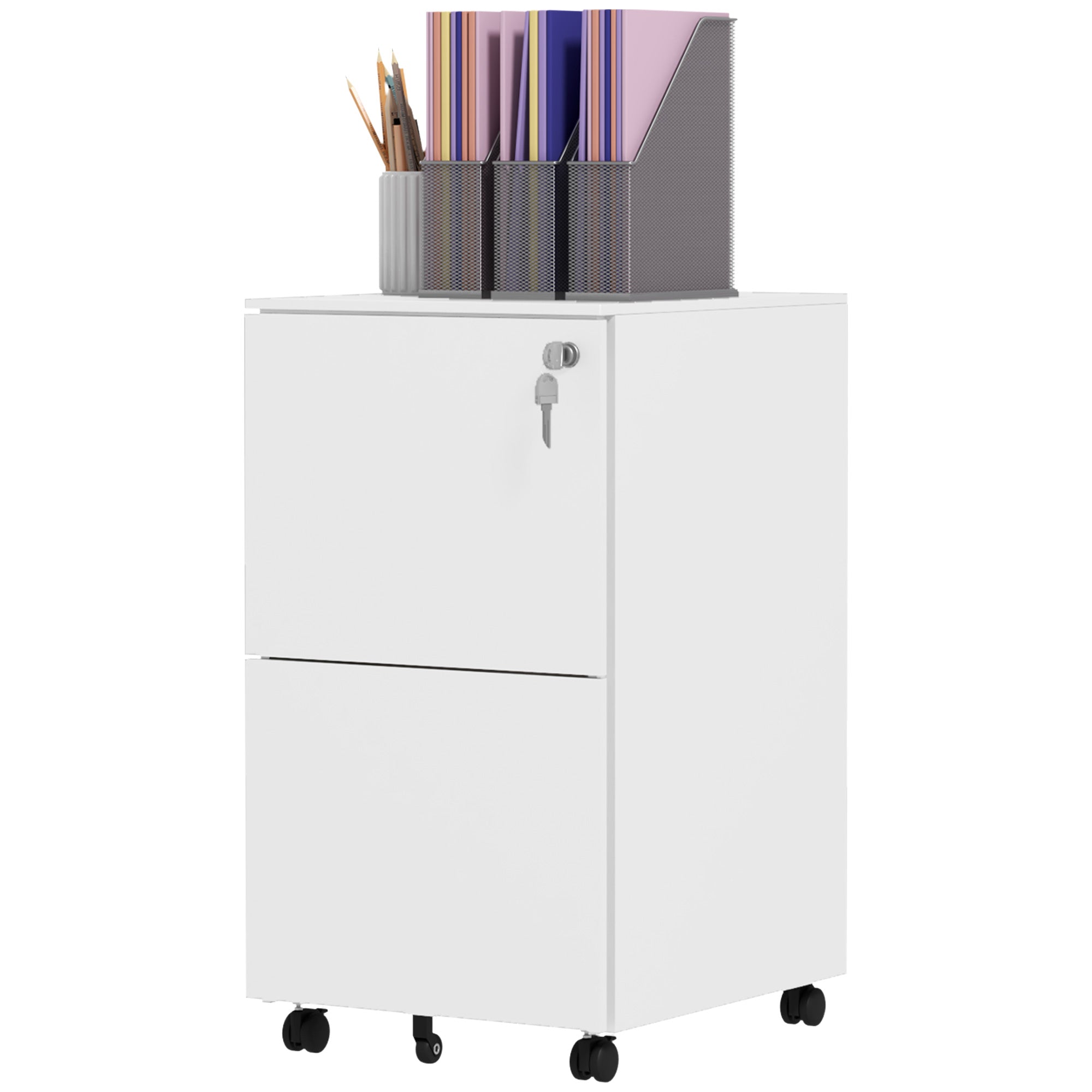Vinsetto 2-Drawer Vertical Filing Cabinet with Lock and 5 Wheels, Steel Mobile File Cabinet, for A4, Legal and Letter Size, Pre-Assembled Body, White