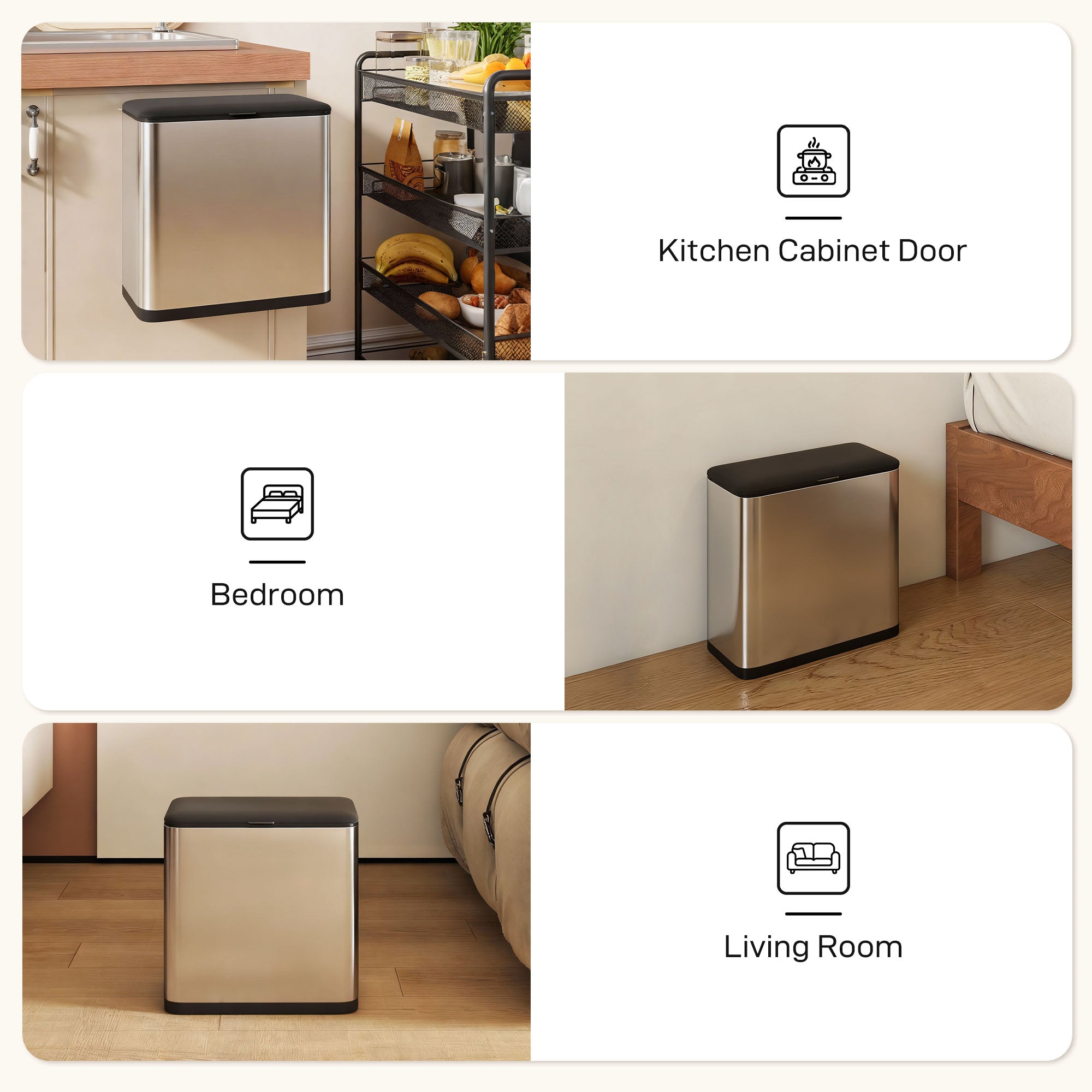 8L Hanging Kitchen Bin, Stainless Steel Rubbish bin with Press-to-Open and Stay-Open Lid, Removable Inner Bucket for Kitchen Cabinet Door, Under Sink, Bedroom, Office, Silver Tone
