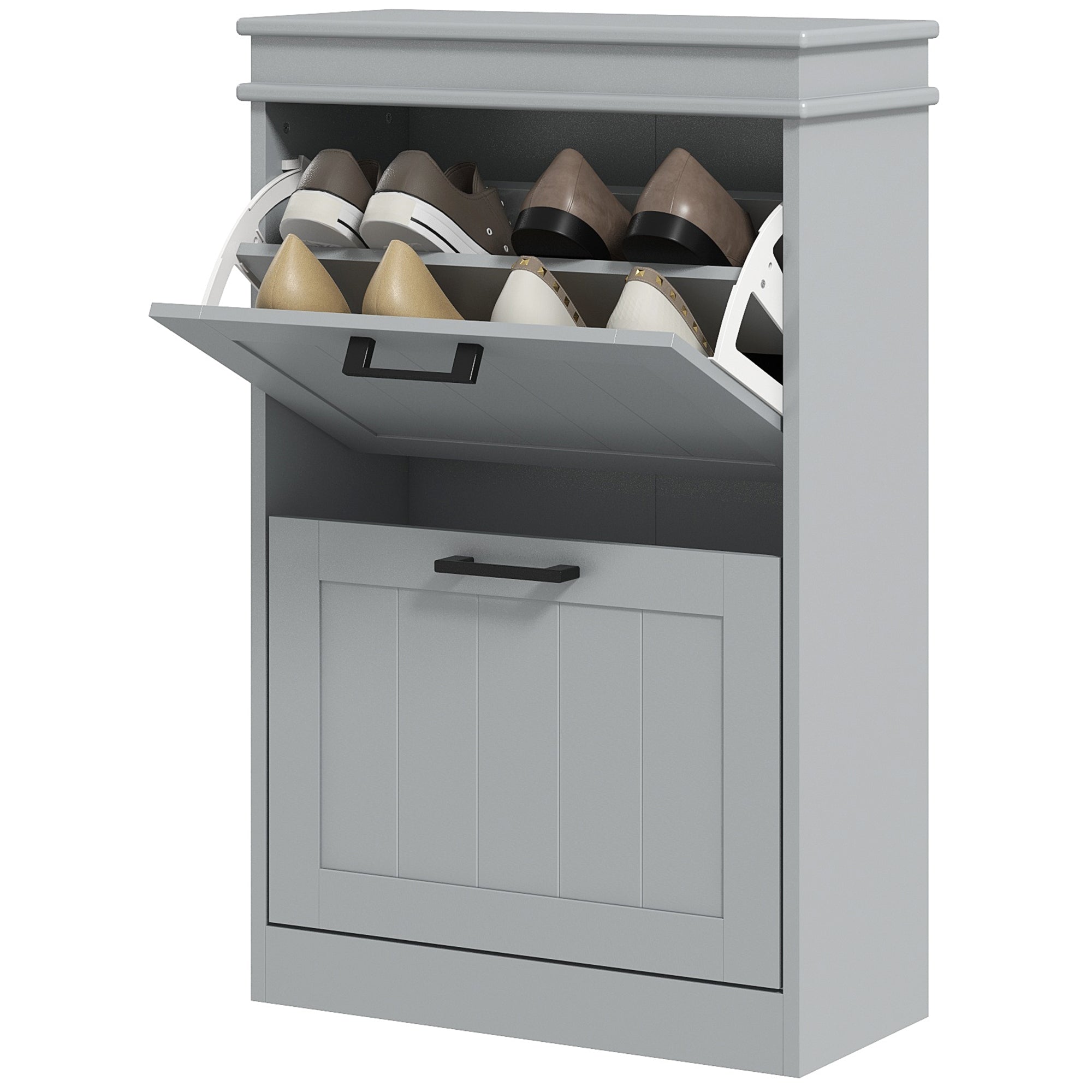HOMCOM Modern Shoe Cabinet with 4 Flip Drawers and Adjustable Shelves, Narrow Shoe Storage Cabinet for Entryway, Hallway, Holds 10 Pairs of Shoes, Grey