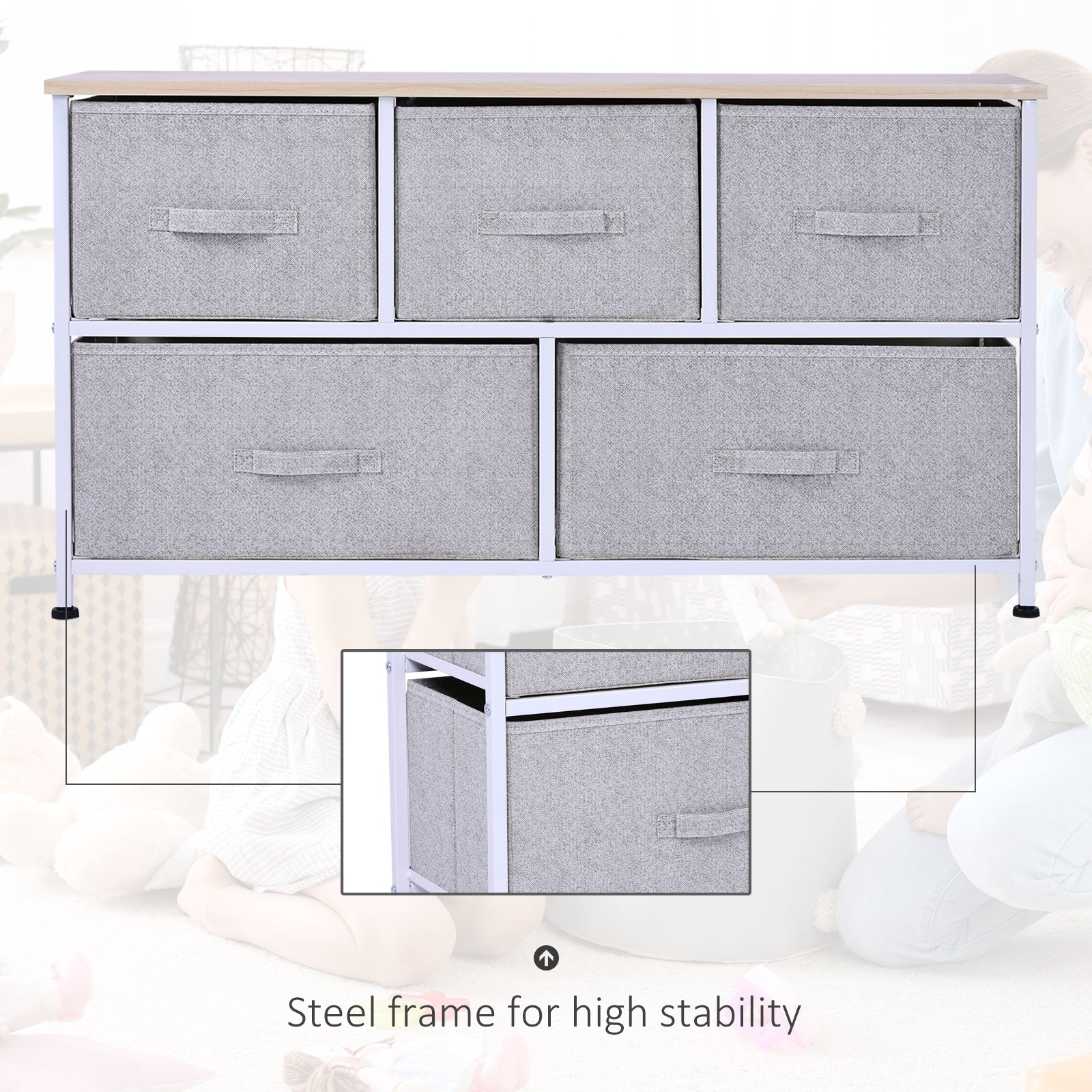 Linen Drawer Cabinet Organizer Storage Dresser Tower with 5 Removable Drawer Metal Frame Adjustable Feet for Living Room, Kitchen, Bathroom, Grey