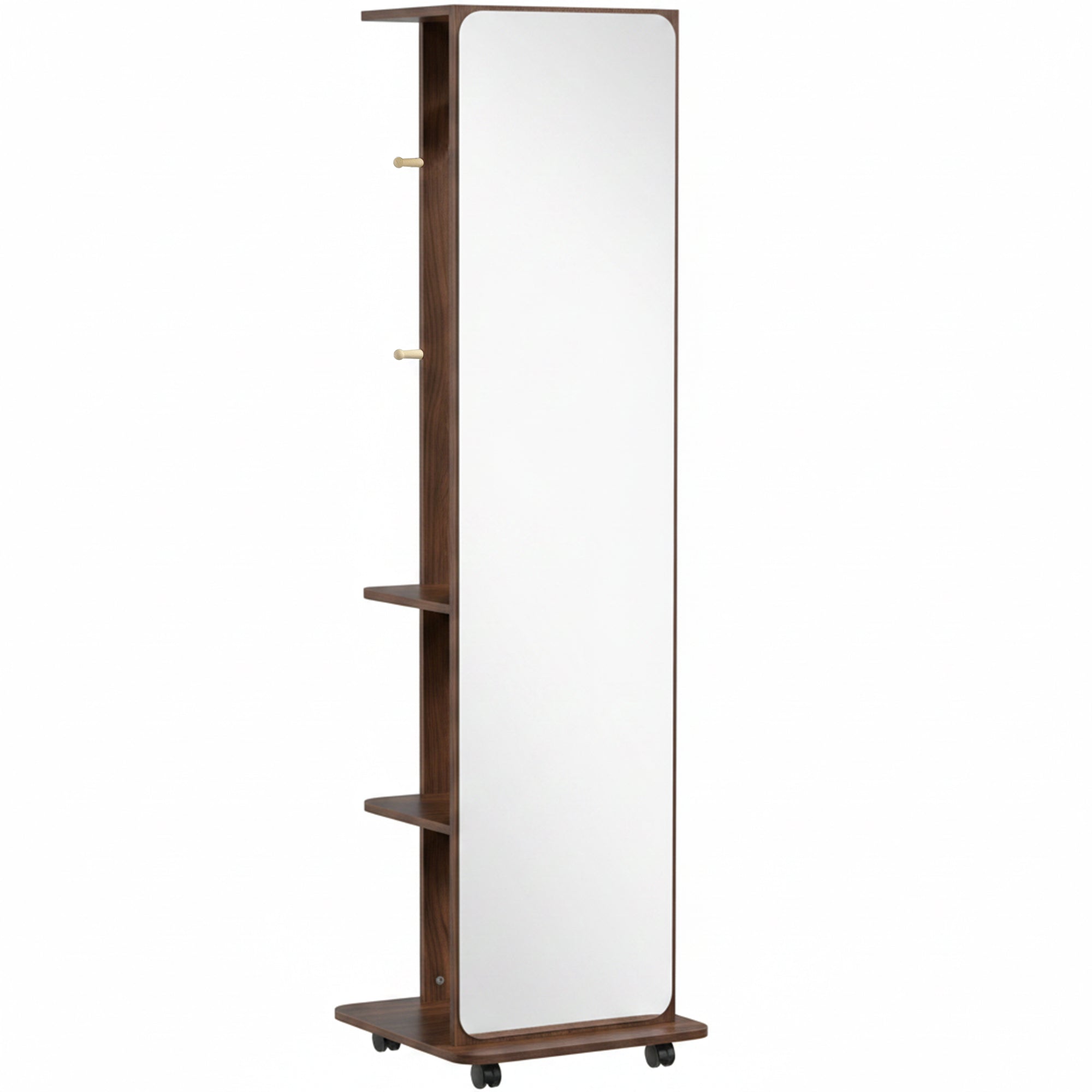 15" x 62" Full Length Mirror, Tempered Glass Floor Mirror on Wheels with Storage Shelves, Coat Hangers for Bedroom, Living Room, Brown Wood Grain