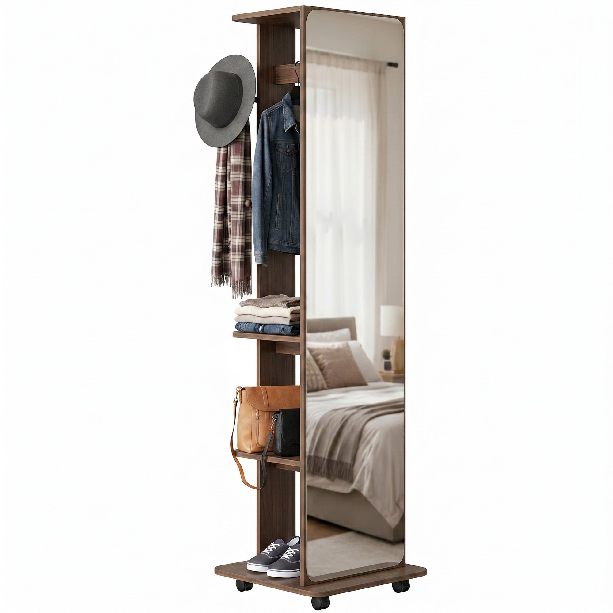 15" x 62" Full Length Mirror, Tempered Glass Floor Mirror on Wheels with Storage Shelves, Coat Hangers for Bedroom, Living Room, Brown Wood Grain