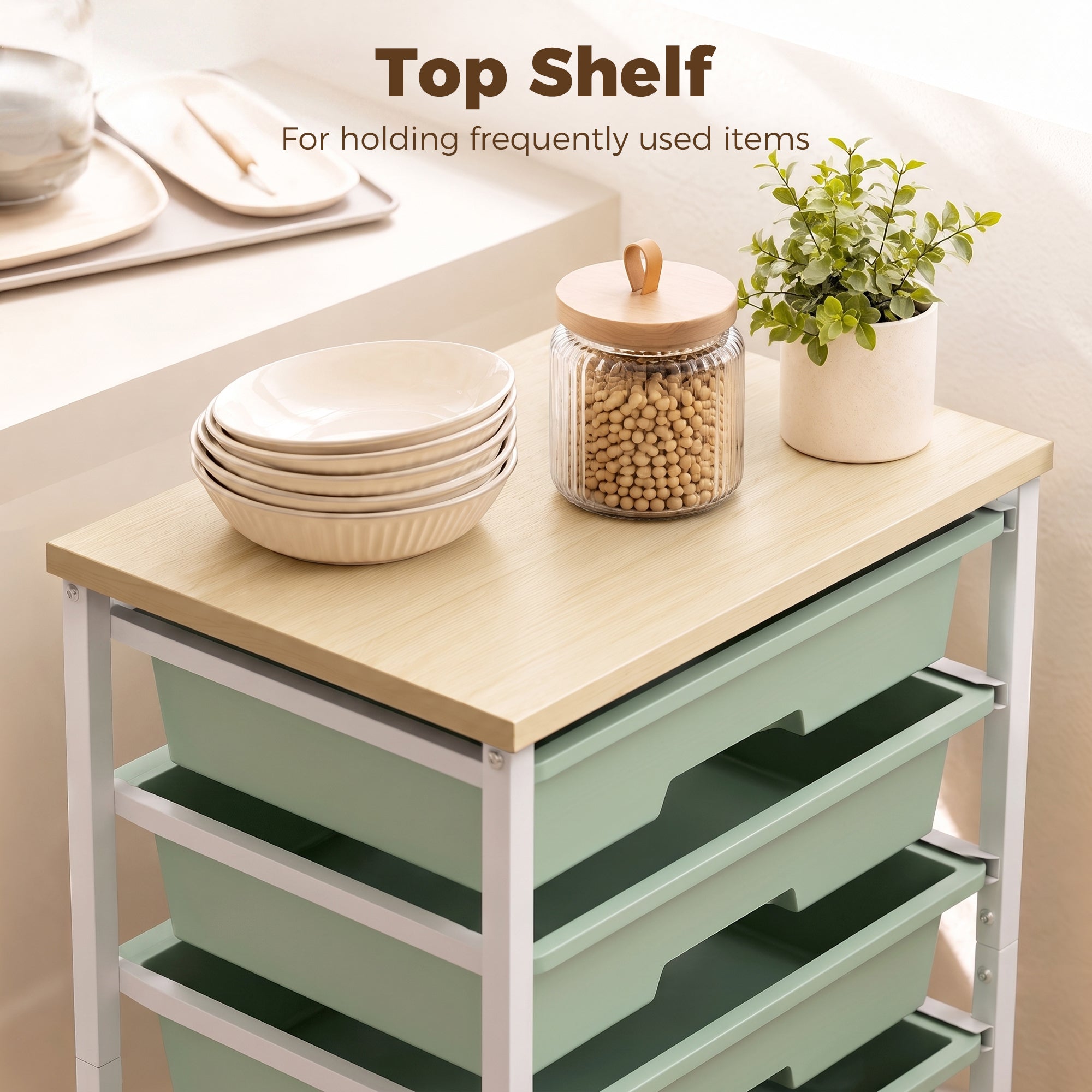 6-Tier Storage Trolley on Wheels, Metal Kitchen Rolling Cart with 5 Pull-Out Drawers, Kitchen Storage Rack for Living Room, Dining Room, Bedroom, Bathroom, Green
