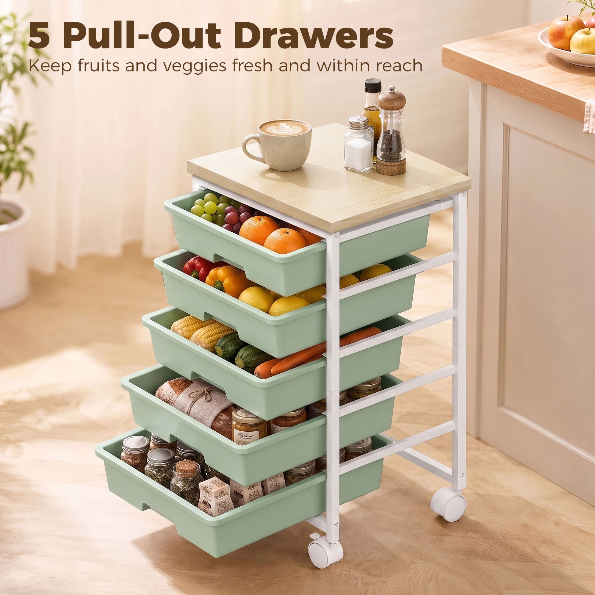6-Tier Storage Trolley on Wheels, Metal Kitchen Rolling Cart with 5 Pull-Out Drawers, Kitchen Storage Rack for Living Room, Dining Room, Bedroom, Bathroom, Green