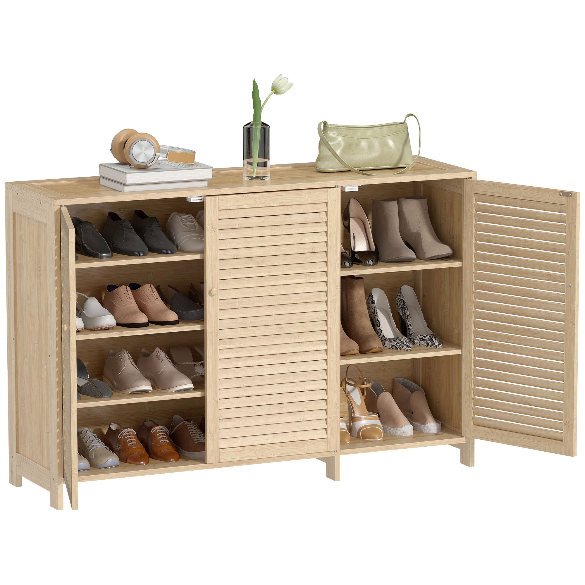 Bamboo Shoe Cabinet with Louvered Doors, Shoe Storage Cabinet with Adjustable Shelves, 18 Pairs Footwear Cupboard for Hallway, Entryway, 120 x 35 x 80 cm, Natural Wood Finish