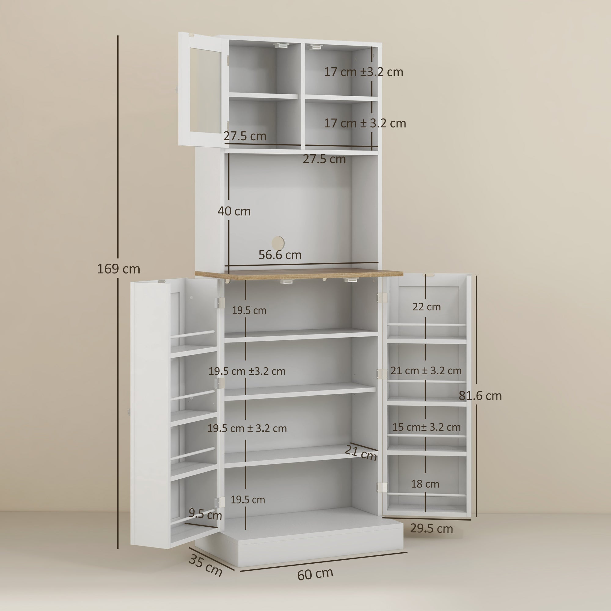 169cm Kitchen Cupboard, Freestanding Storage Cabinet with Microwave Shelf, Adjustable Shelves & 8 Door Storage, Modern Kitchen Pantry with Glass Door for Living Room, Dining Room, White