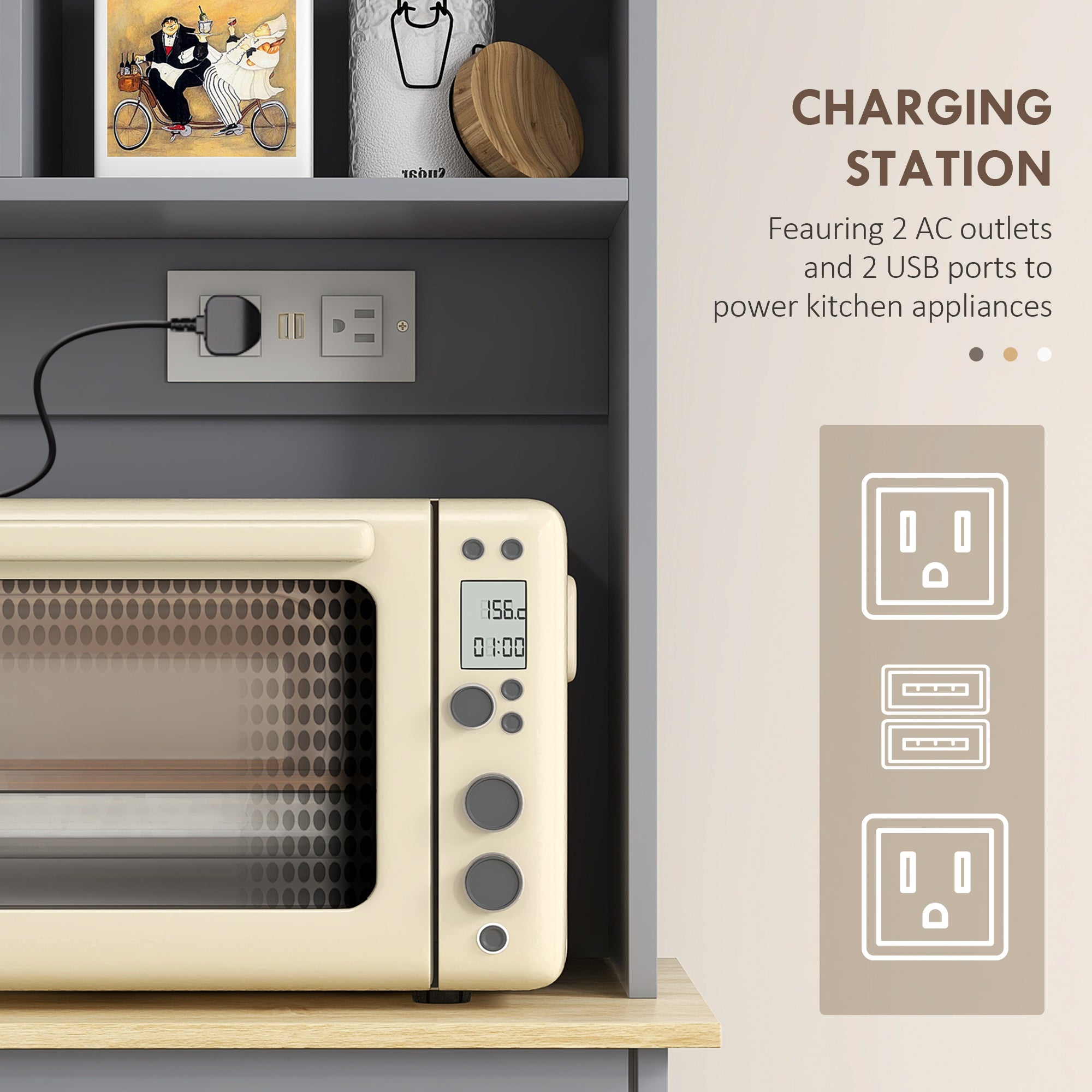 68" Kitchen Cabinet w/ Charging Station, 2 Tilt Out Cabinets & Microwave Stand, Gray - HOMCOM