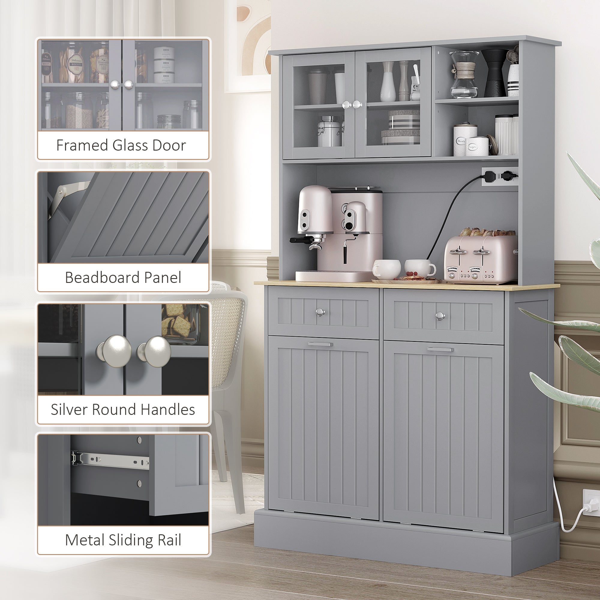 68" Kitchen Cabinet w/ Charging Station, 2 Tilt Out Cabinets & Microwave Stand, Gray - HOMCOM