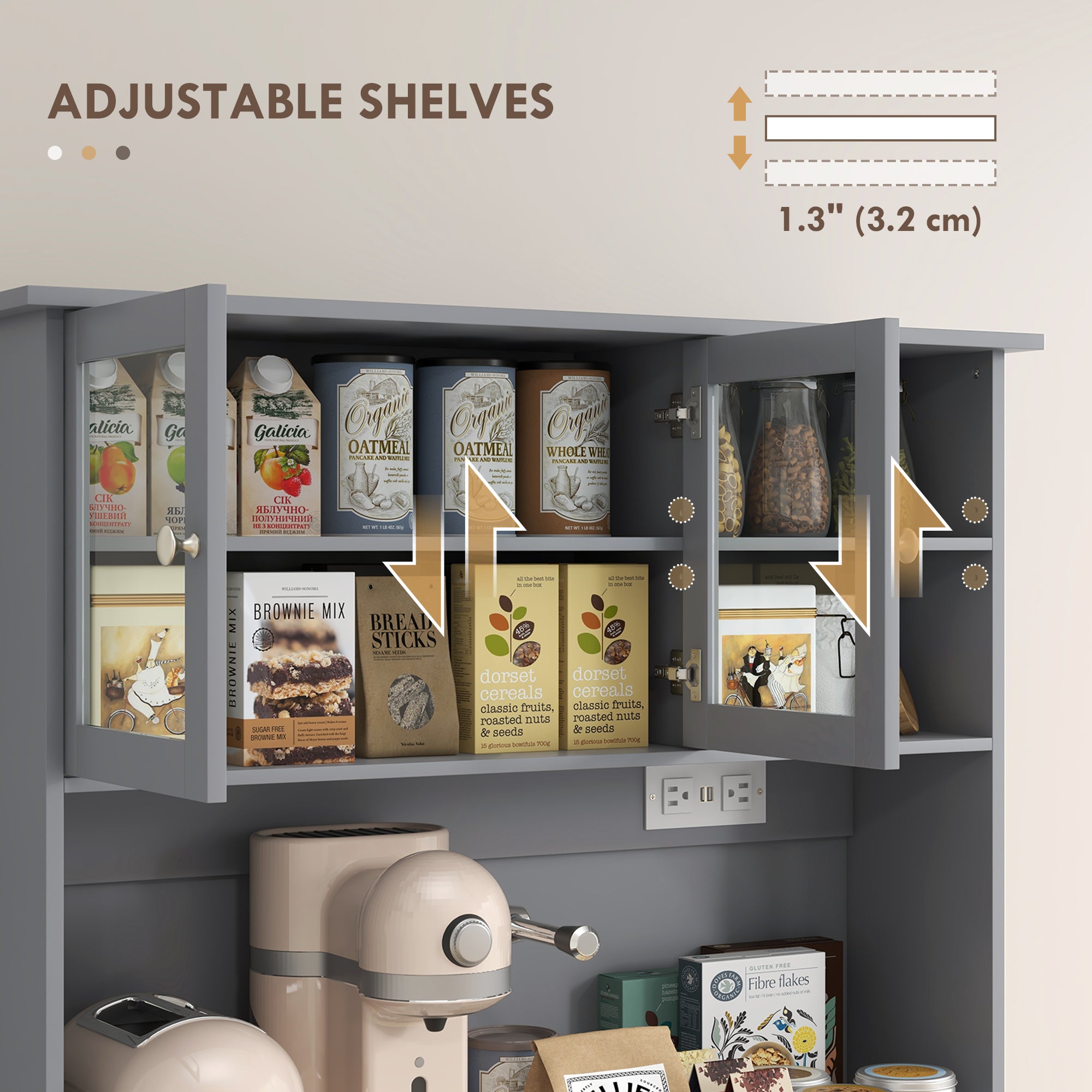 68" Kitchen Cabinet w/ Charging Station, 2 Tilt Out Cabinets & Microwave Stand, Gray - HOMCOM