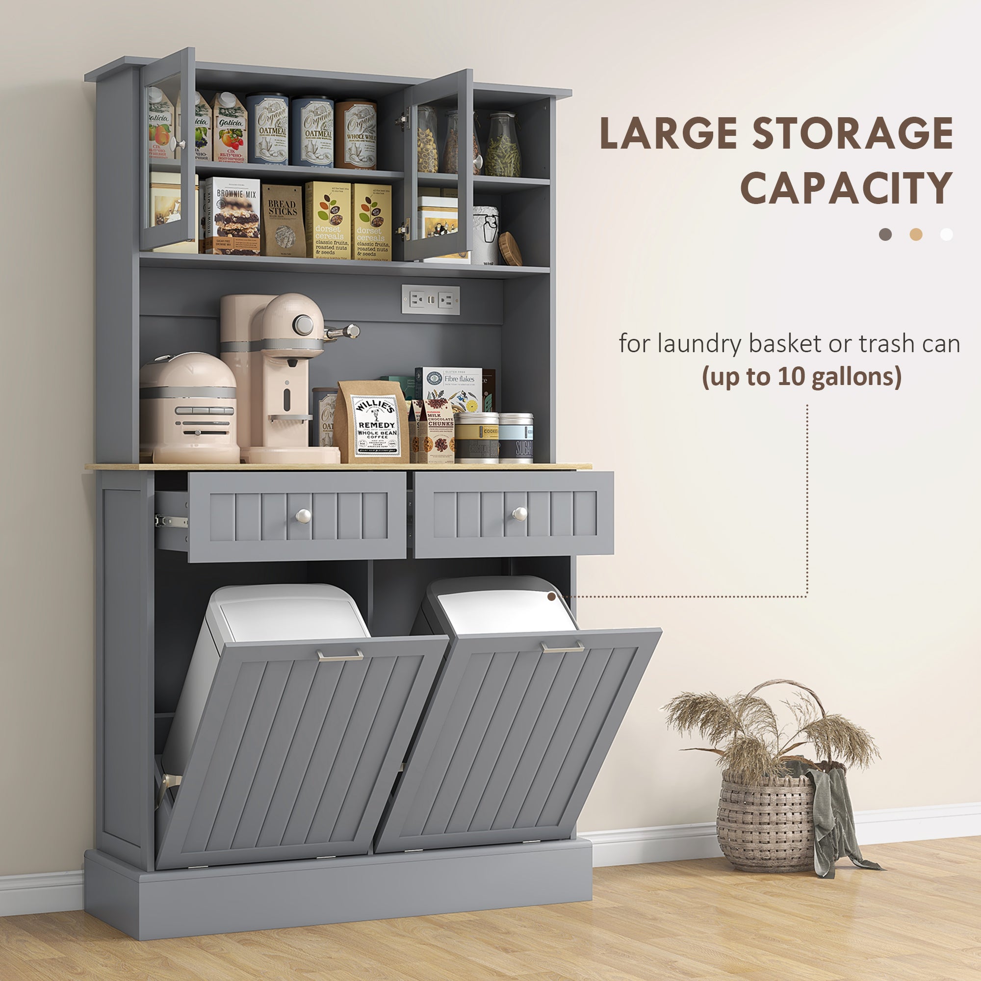 68" Kitchen Cabinet w/ Charging Station, 2 Tilt Out Cabinets & Microwave Stand, Gray - HOMCOM