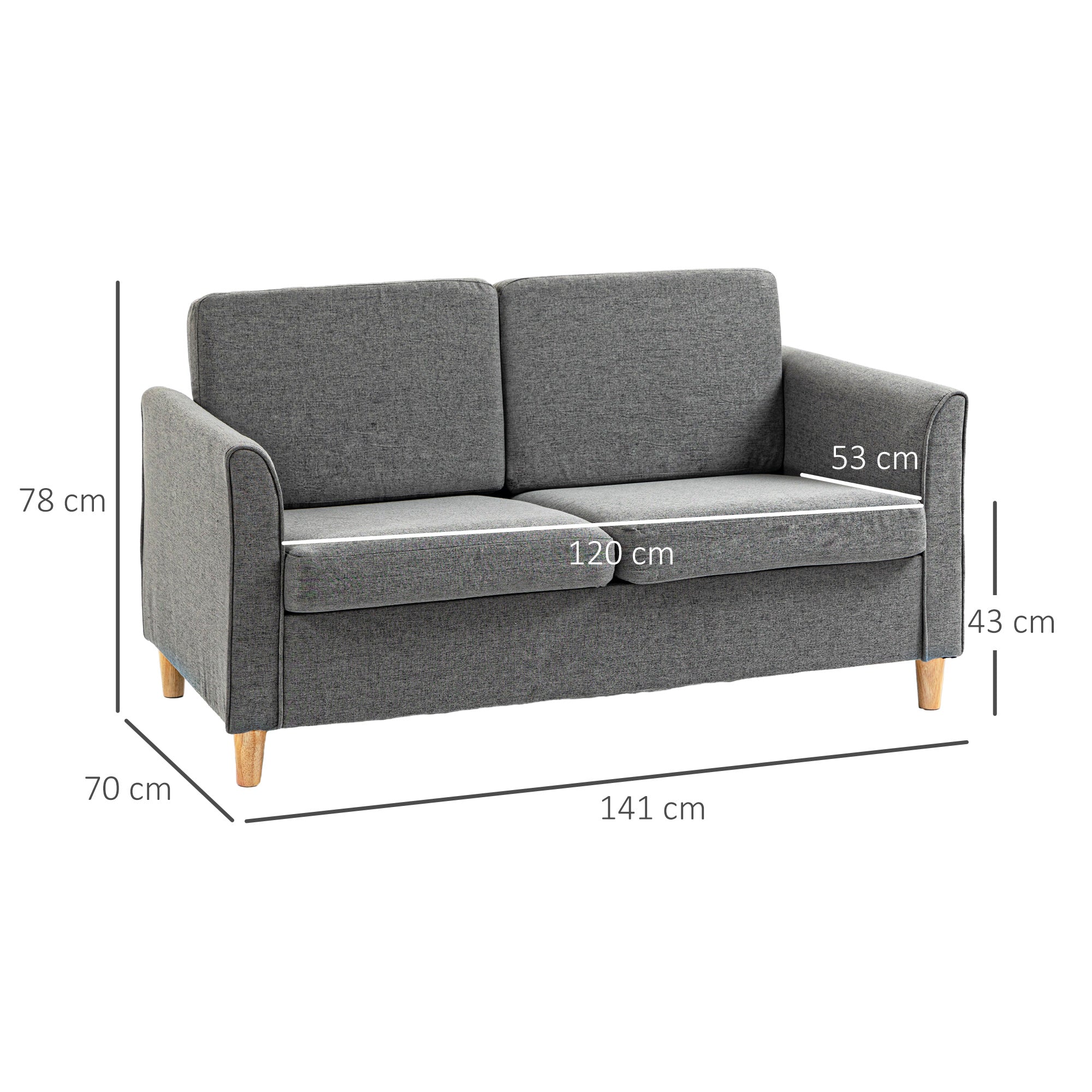 HOMCOM 2 Seater Sofa, Compact Loveseat, Fabric Couch with Wood Legs and Armrest, for Living Room and Home Office Grey