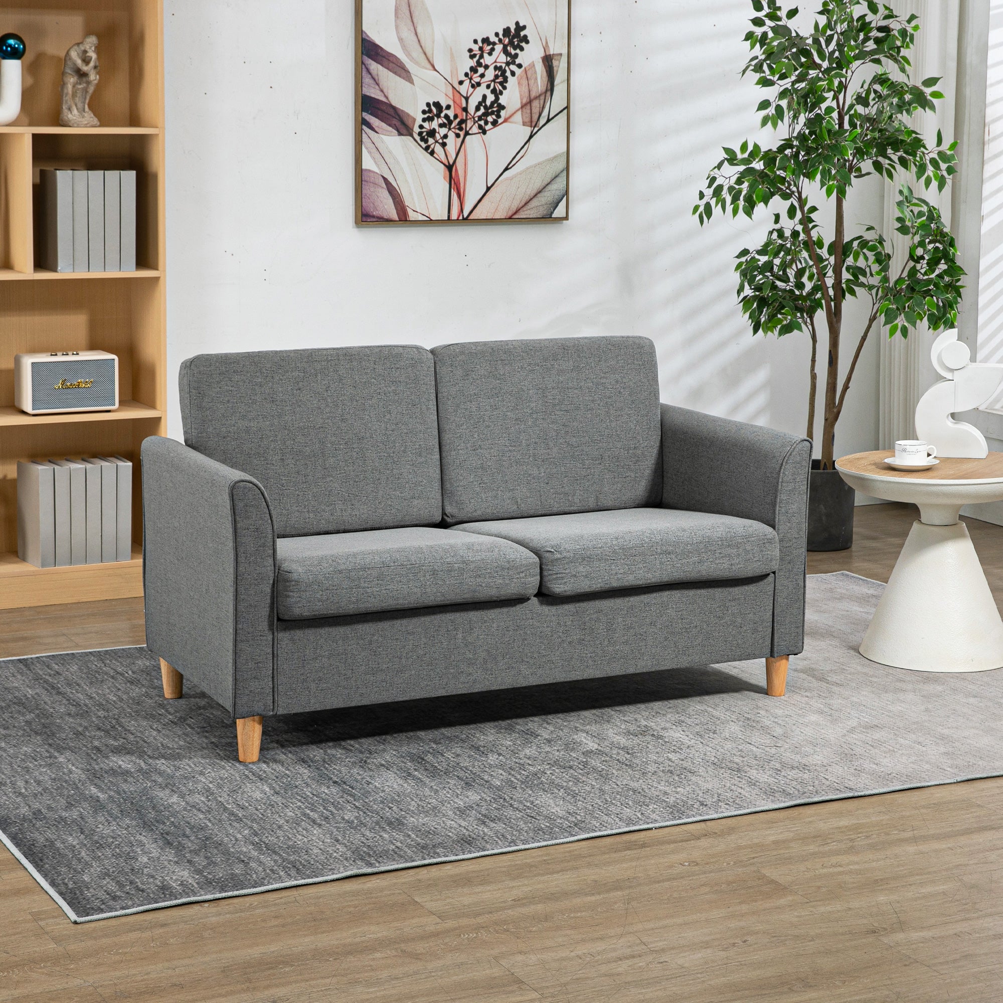 HOMCOM 2 Seater Sofa, Compact Loveseat, Fabric Couch with Wood Legs and Armrest, for Living Room and Home Office Grey