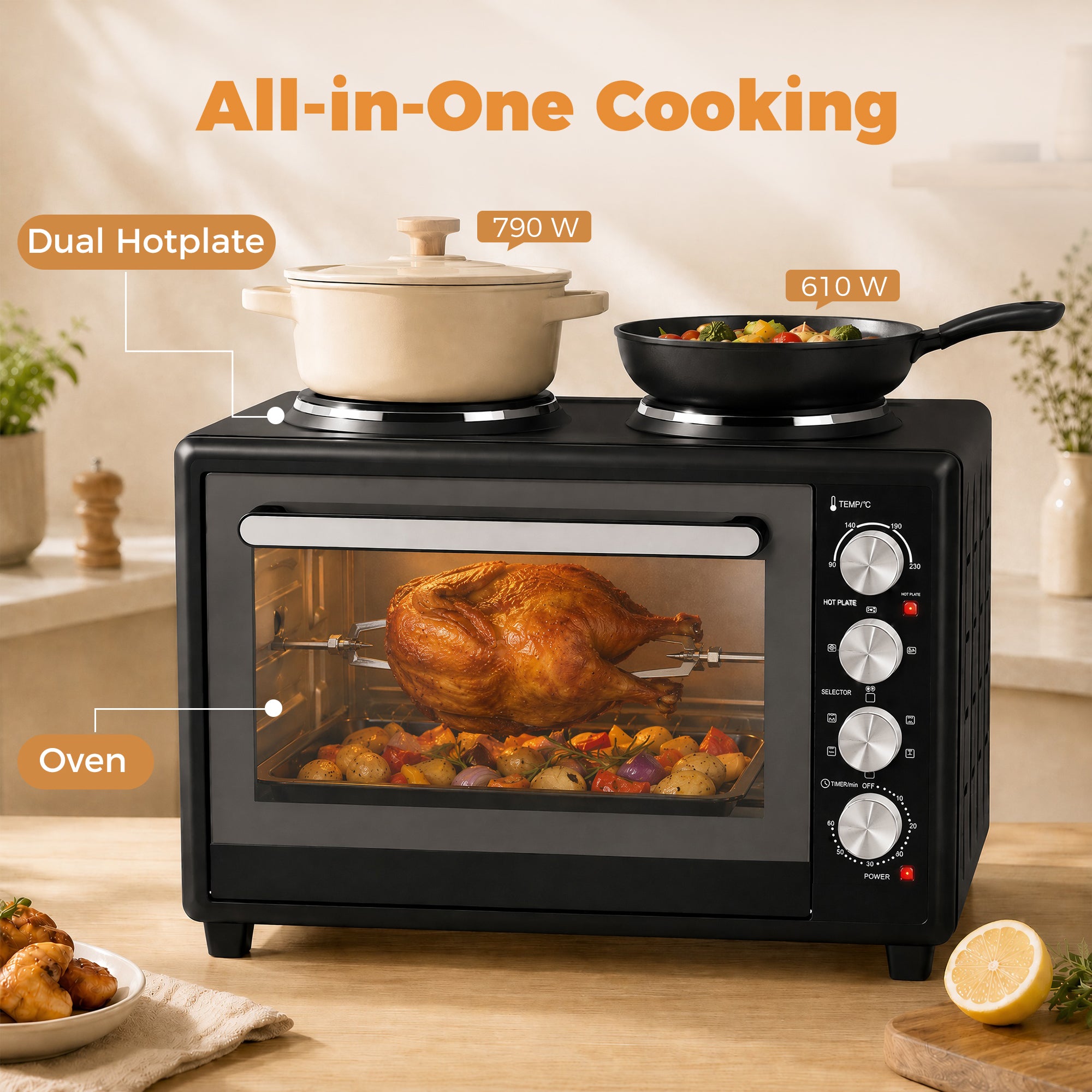 46L Mini Oven with Dual Hot Plates, Electric Countertop Cooker with Convection, 90–230°C Adjustable Temperature, 60 Minute Timer, Portable Oven with Wire Rack & Baking Tray, 1800W, Black
