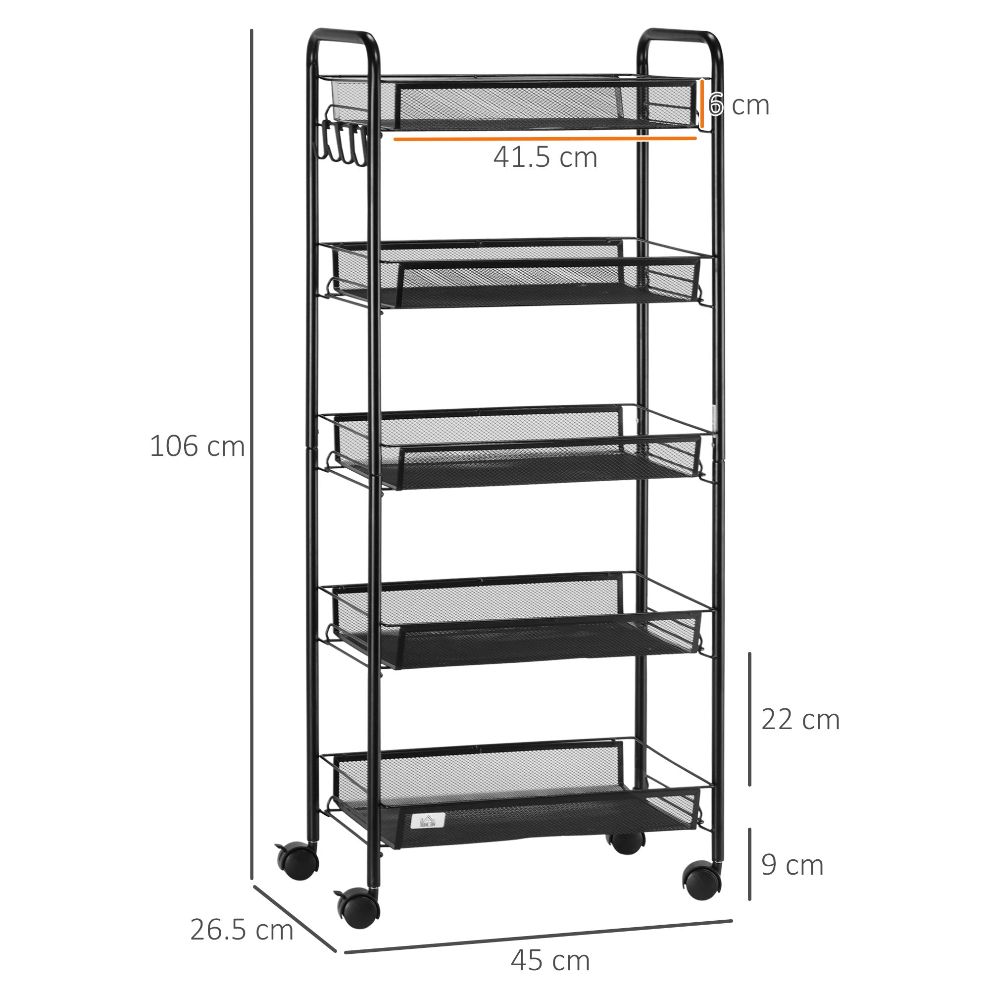HOMCOM 5 Tier Utility Rolling Cart, Metal Storage Cart, Kitchen Cart with Removable Mesh Baskets, for Living Room, Laundry, Garage and Bathroom, Black