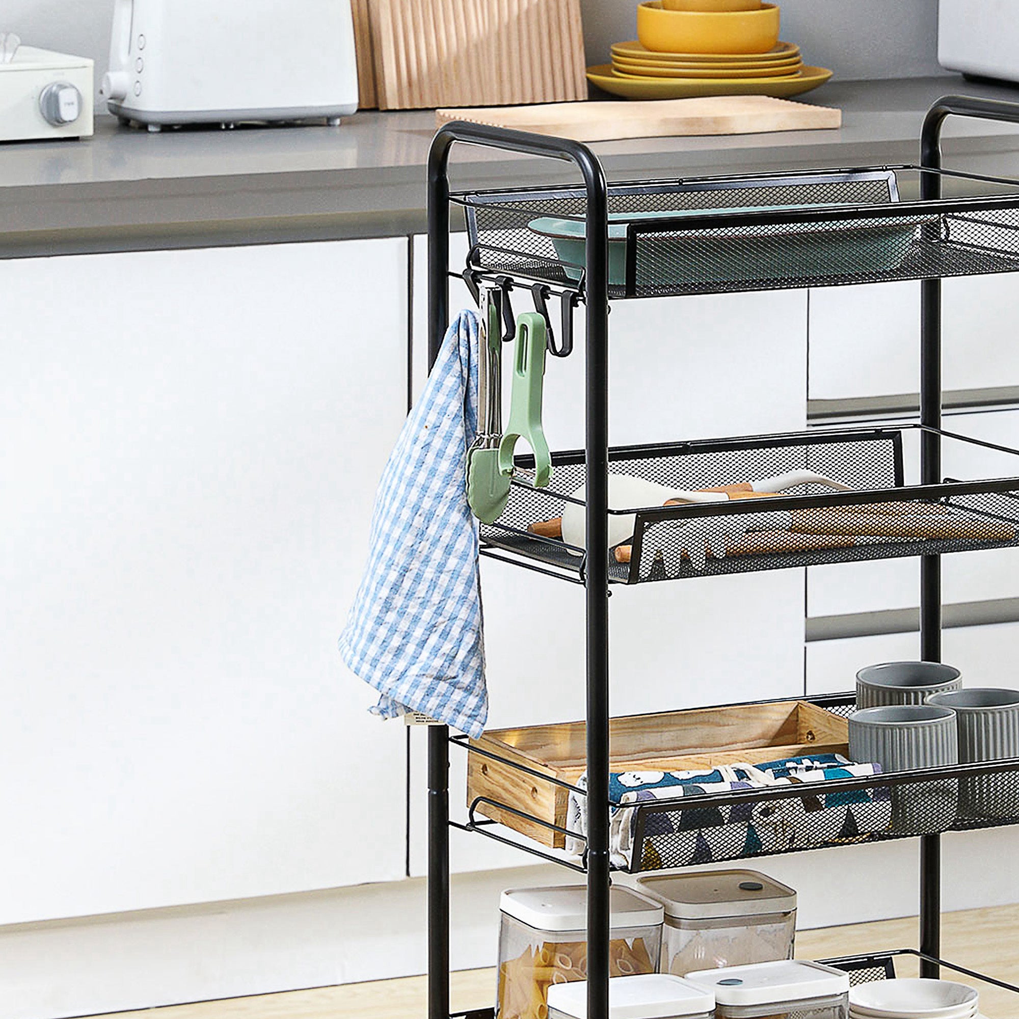 HOMCOM 5 Tier Utility Rolling Cart, Metal Storage Cart, Kitchen Cart with Removable Mesh Baskets, for Living Room, Laundry, Garage and Bathroom, Black