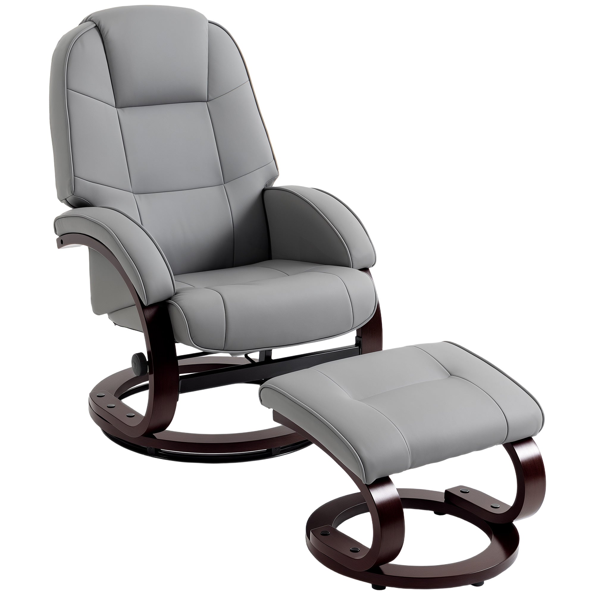 Swivel Recliner Chair with Footstool, PU Leather Recliner Armchair with High Back and Wood Frame, Reclining Chair Lounge with Padded Armrests for Living Room, Grey