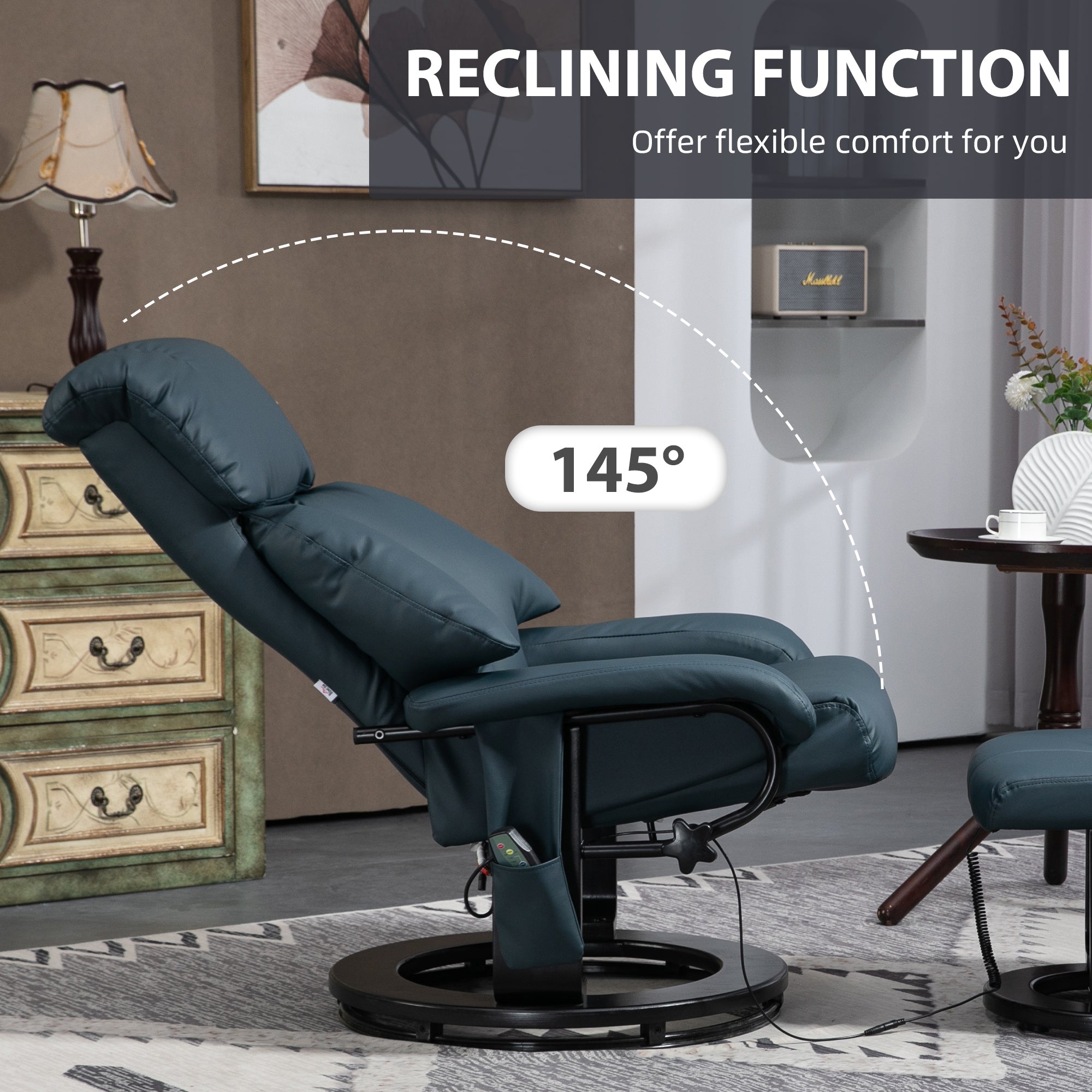 Massage Recliner Chair with Ottoman, 360° Swivel Recliner and Footstool, 10-Point Vibration, PU Leather Reclining Chair with Remote Control, Blue