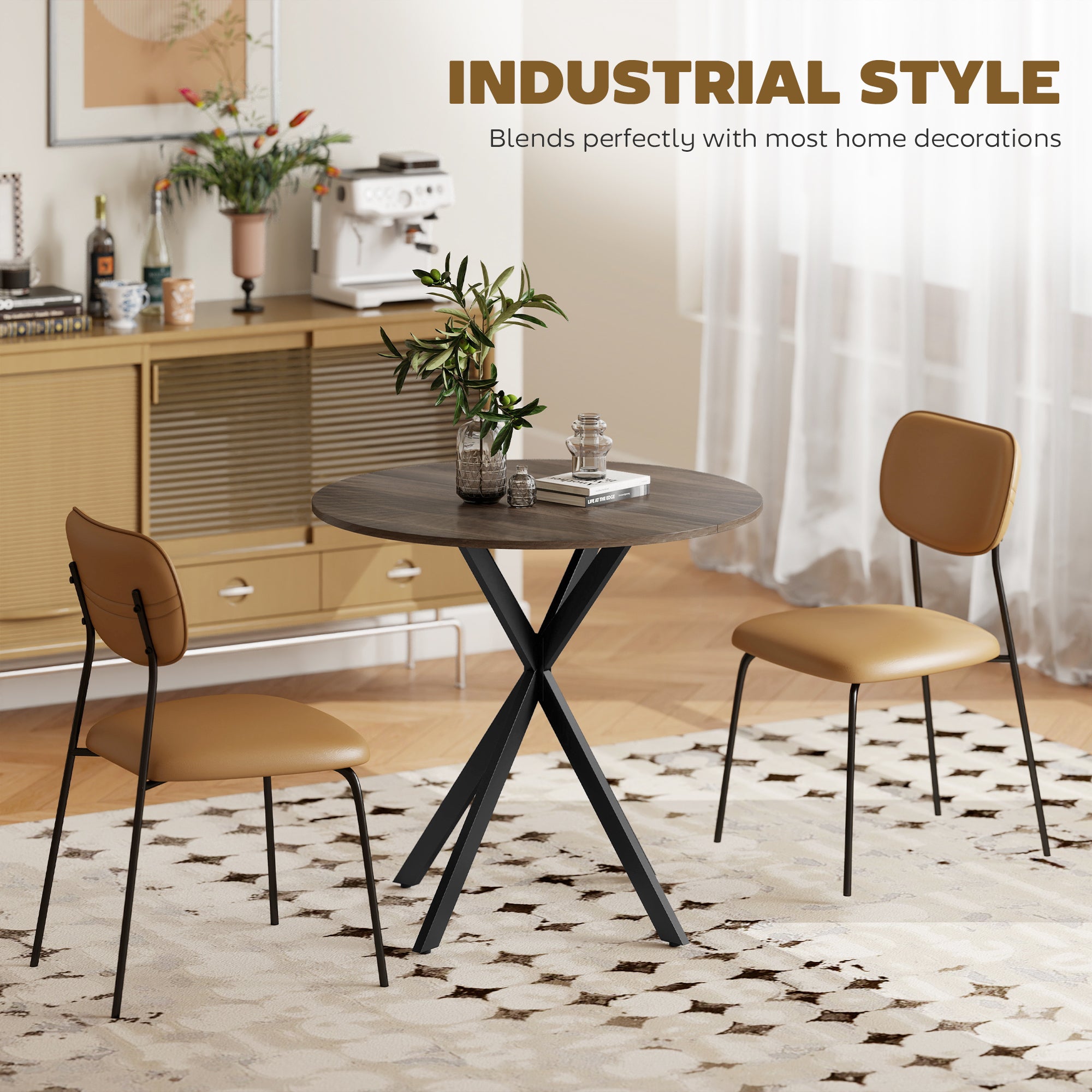 31.5" Round Dining Table, Industrial Kitchen Table with Cross Steel Legs for Dining Room, Kitchen, Living Room, Distressed Dark Brown