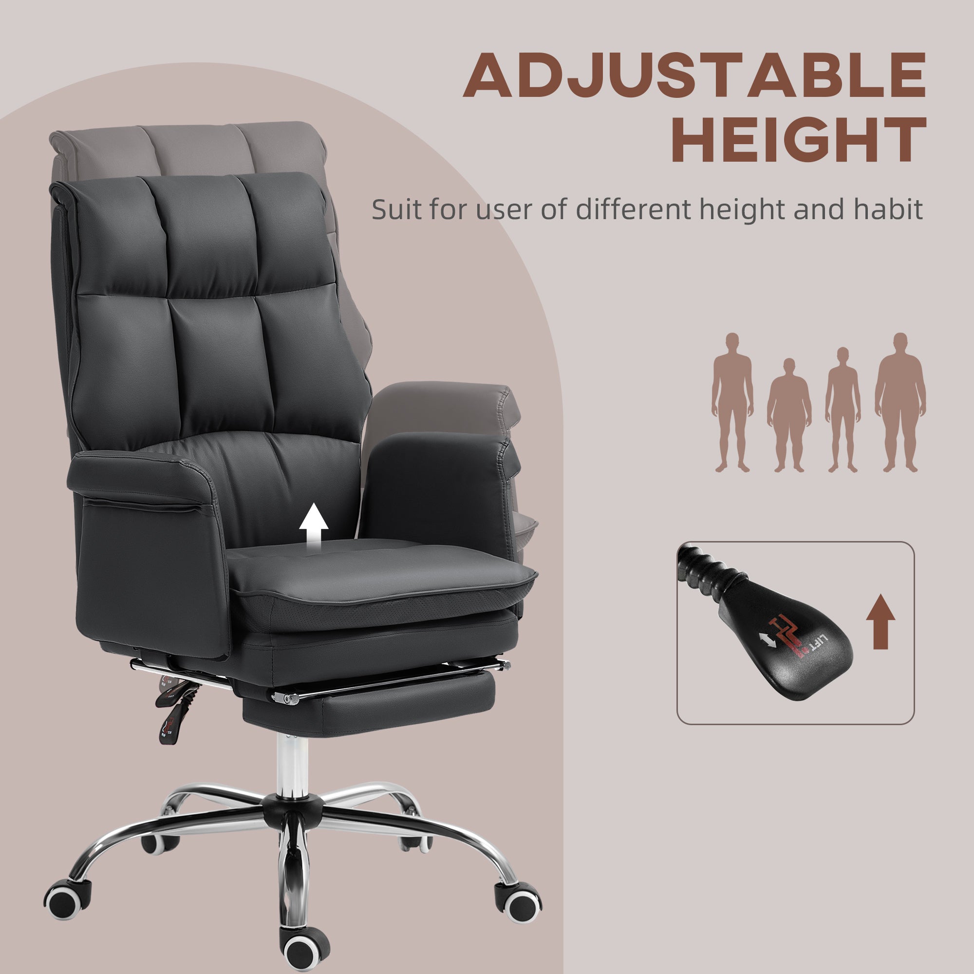 PU Leather Executive Office Chair Ergonomic Reclining Desk Chair with Footrest Black