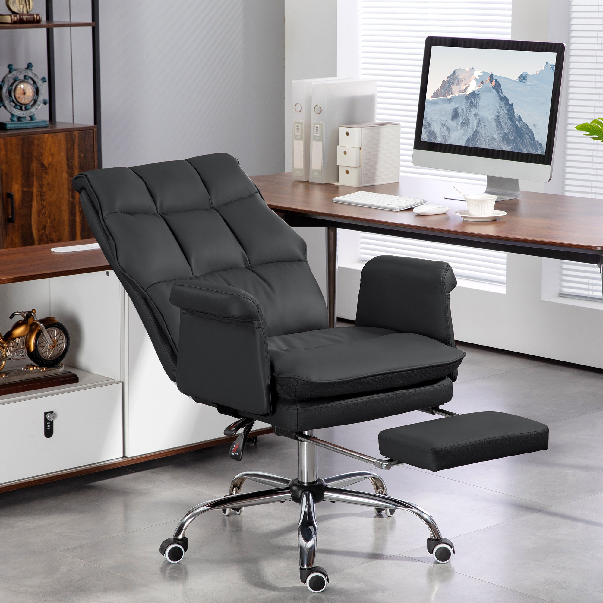PU Leather Executive Office Chair Ergonomic Reclining Desk Chair with Footrest Black