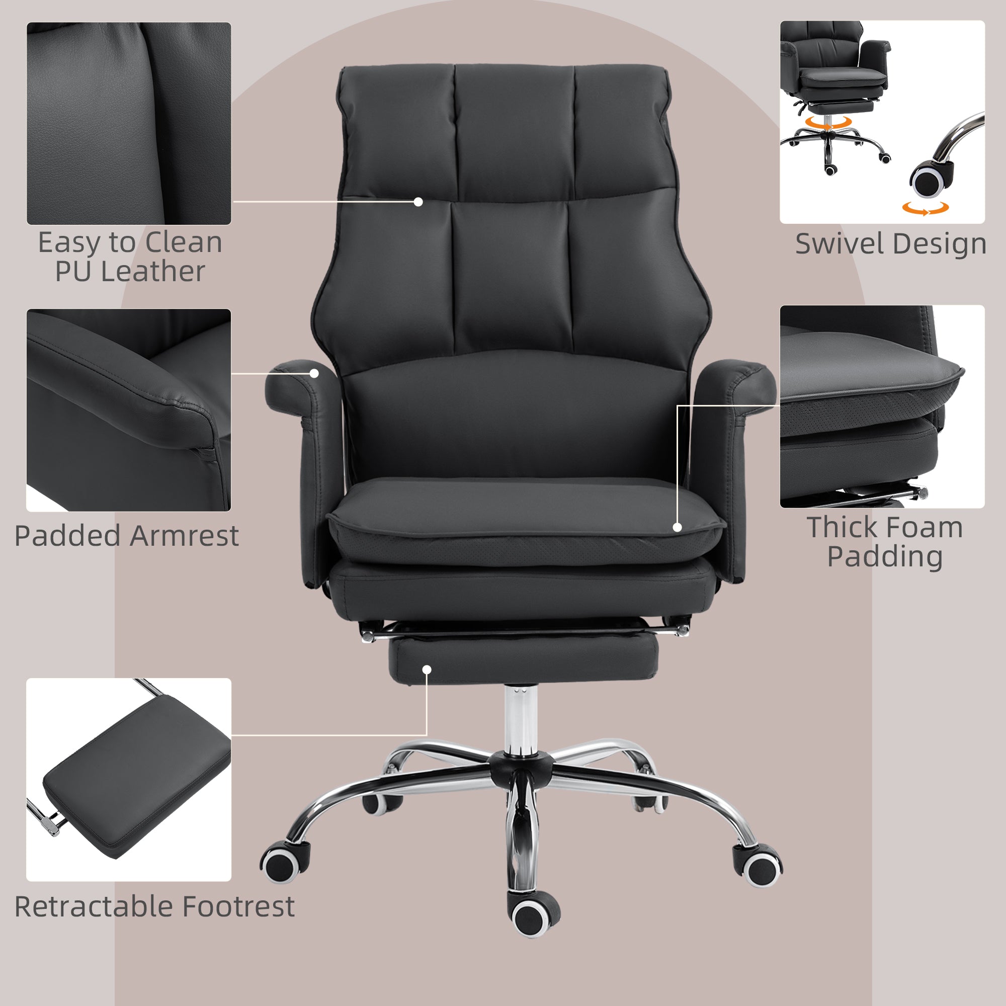 PU Leather Executive Office Chair Ergonomic Reclining Desk Chair with Footrest Black
