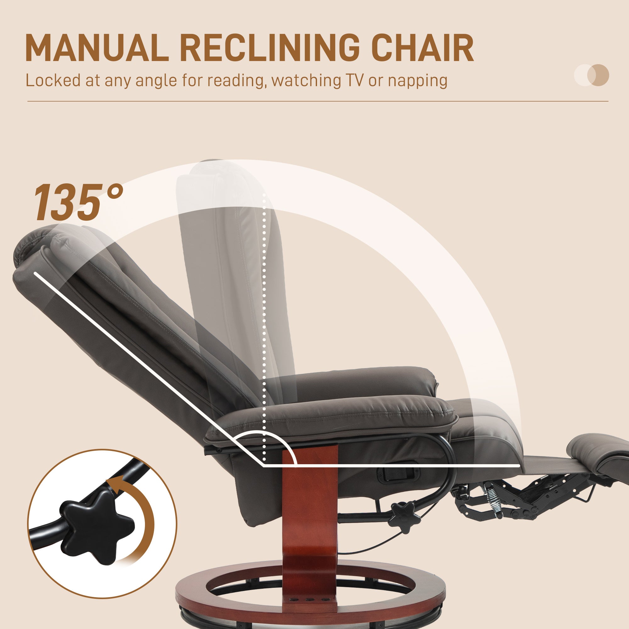 Manual Swivel Recliner Chair, PU Leather Reclining Chair with Footrest for Living Room, Brown