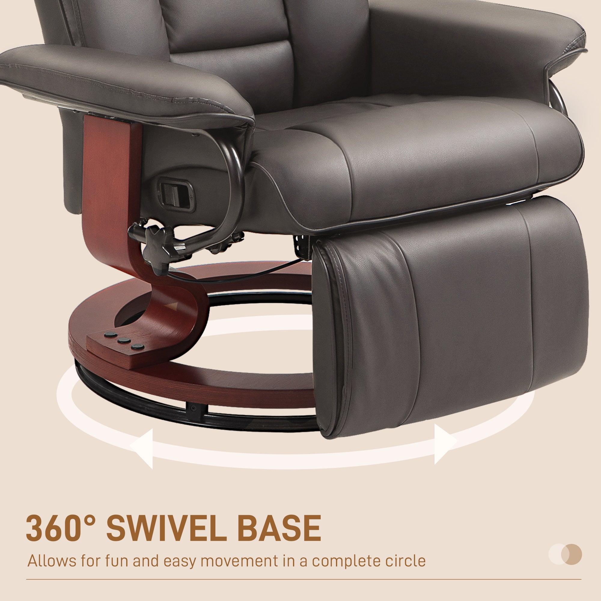 Manual Swivel Recliner Chair, PU Leather Reclining Chair with Footrest for Living Room, Brown