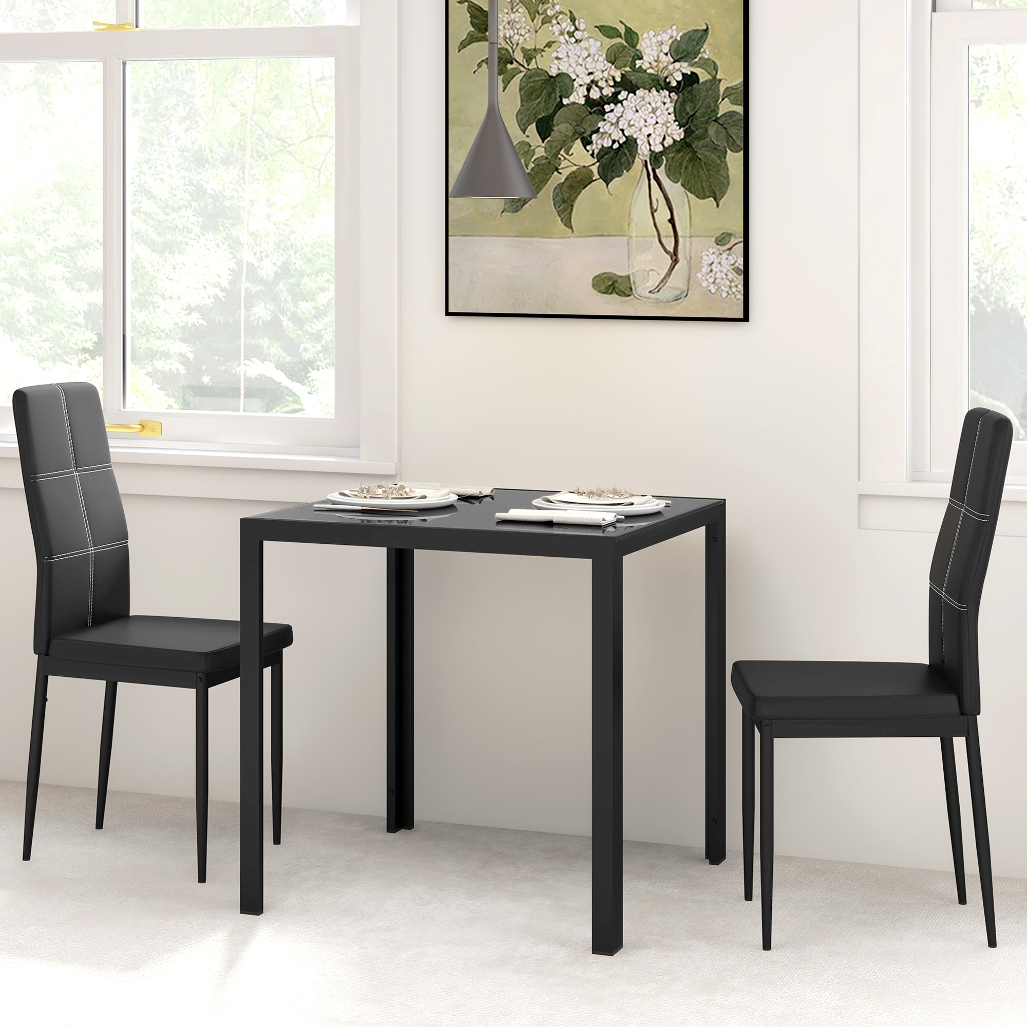 HOMCOM Dining Table Set for 2, 3-Piece Rectangular Glass Kitchen Table and Chairs with Metal Frame and Faux Leather Upholstery for Dining Room, Living Room, Black