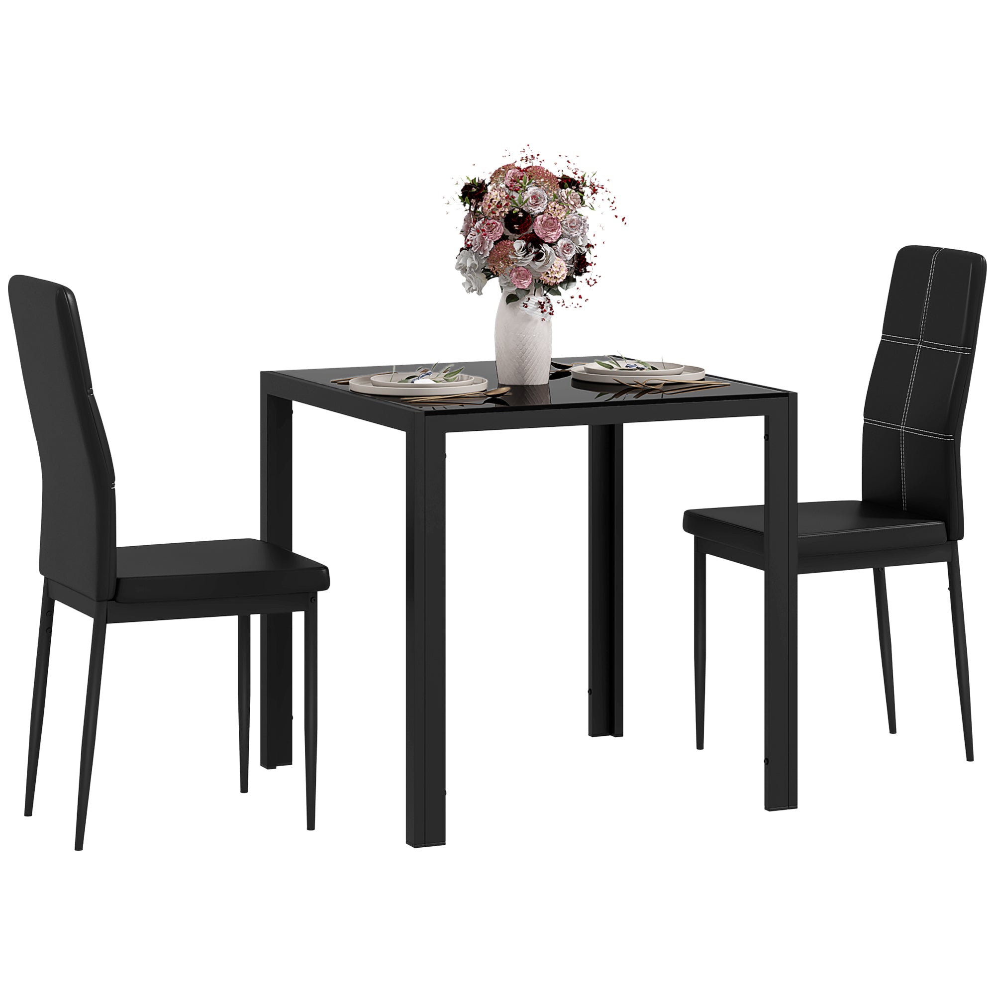 HOMCOM Dining Table Set for 2, 3-Piece Rectangular Glass Kitchen Table and Chairs with Metal Frame and Faux Leather Upholstery for Dining Room, Living Room, Black