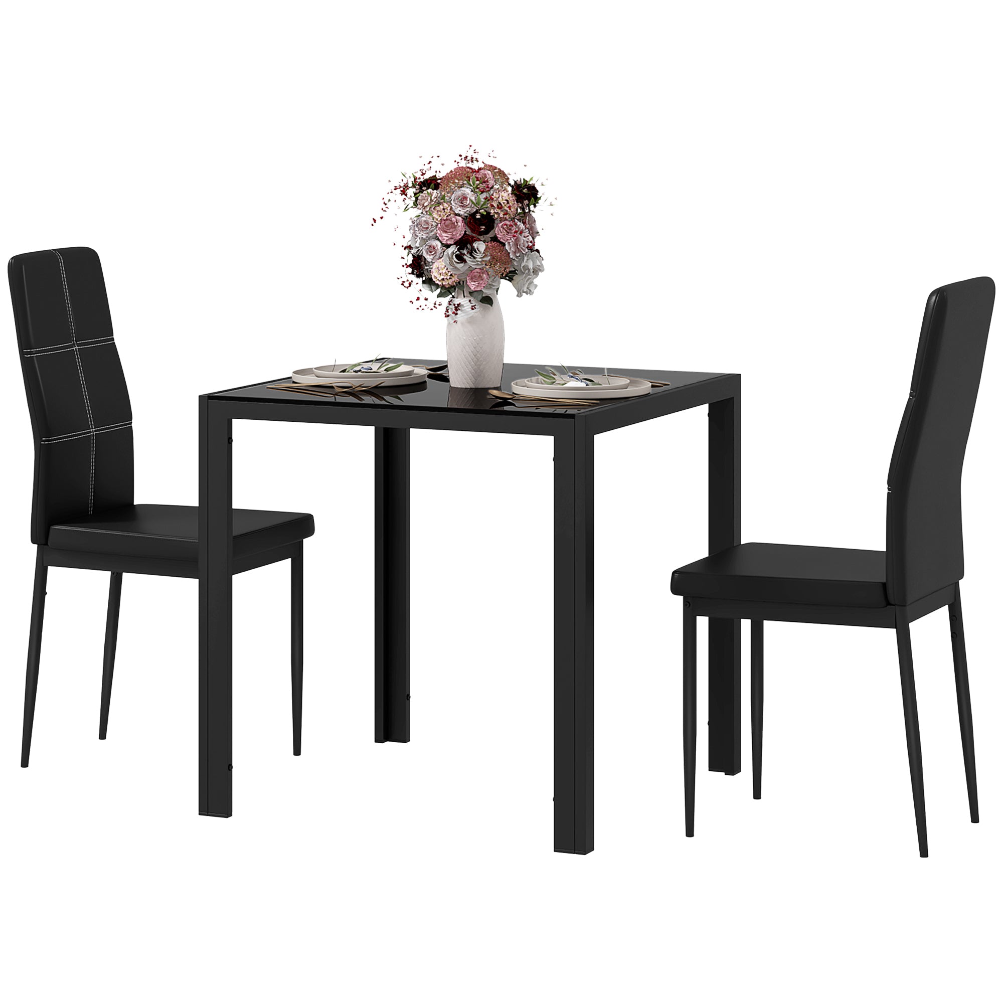 HOMCOM Dining Table Set for 2, 3-Piece Rectangular Glass Kitchen Table and Chairs with Metal Frame and Faux Leather Upholstery for Dining Room, Living Room, Black
