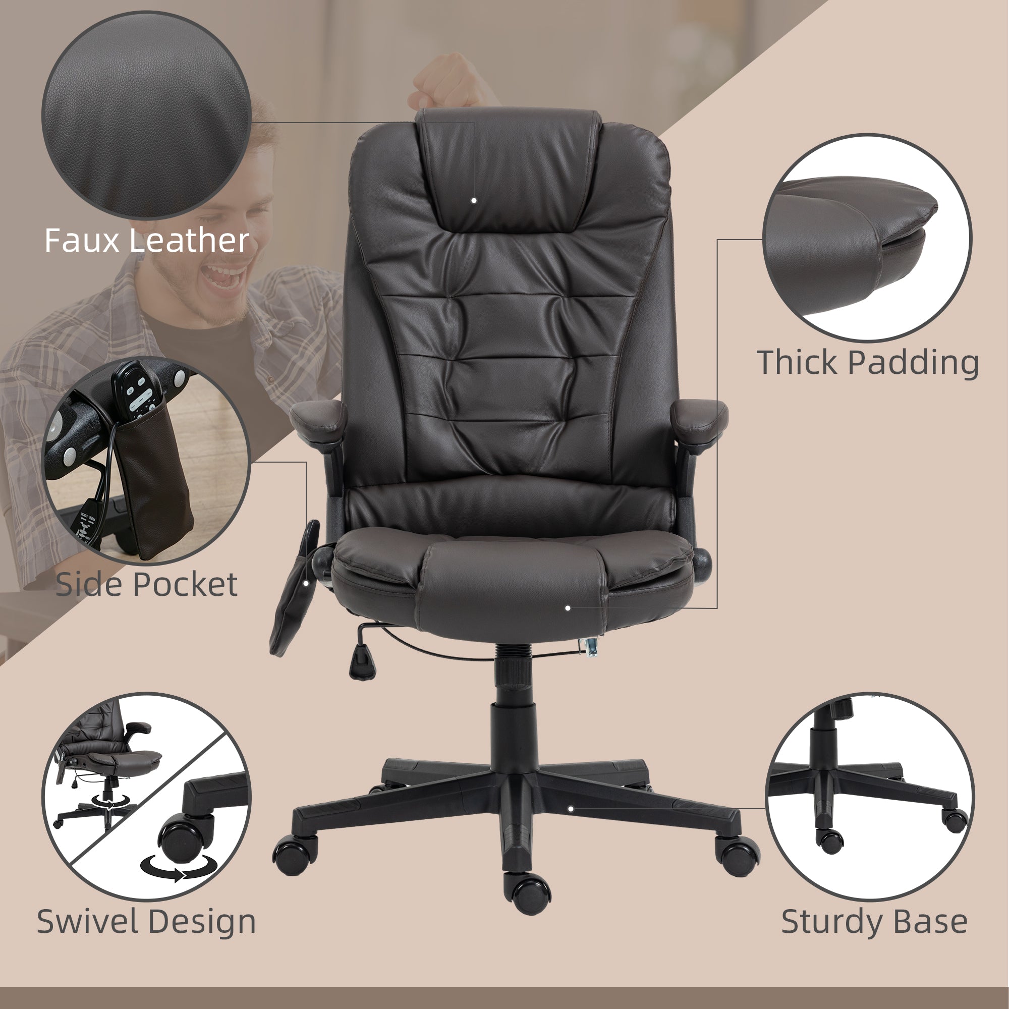 HOMCOM Office Chair Heated Ergonomic Massage Swivel Vibrating High Back Faux Leather Executive Chair Office(Brown)