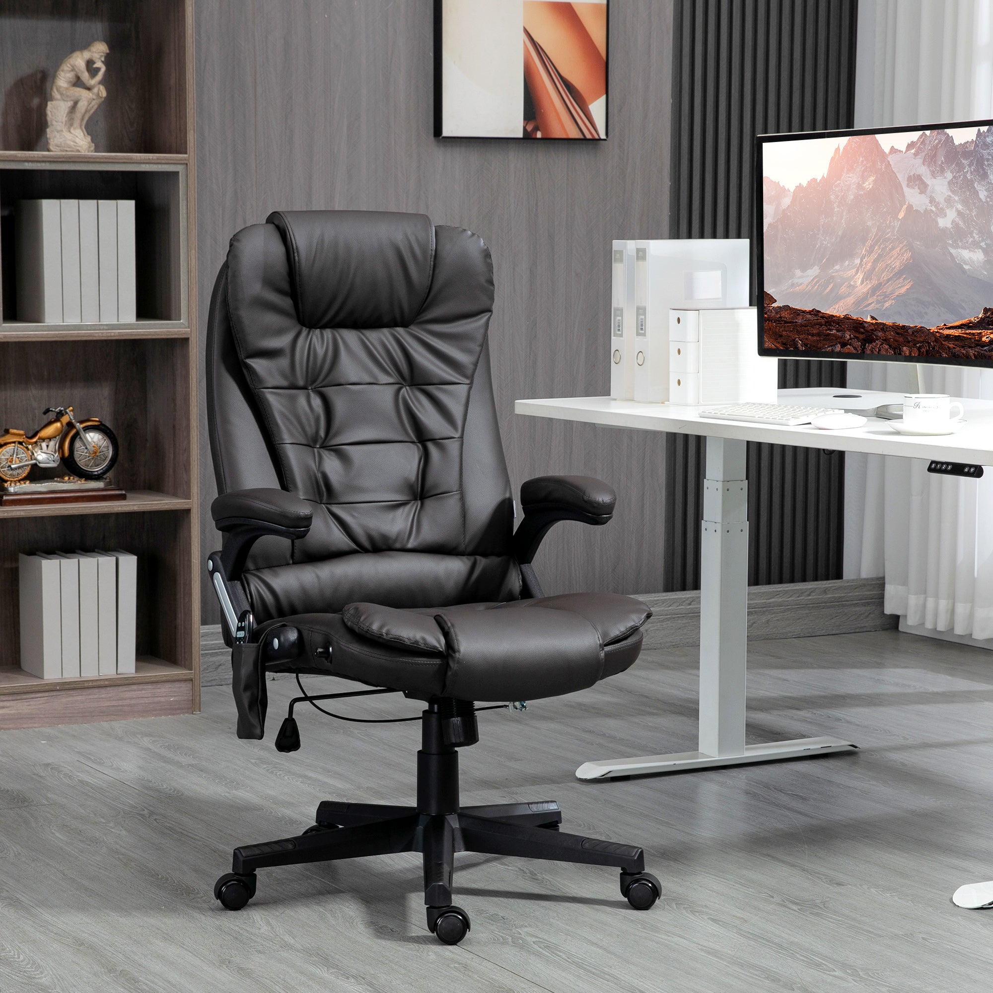 HOMCOM Office Chair Heated Ergonomic Massage Swivel Vibrating High Back Faux Leather Executive Chair Office(Brown)