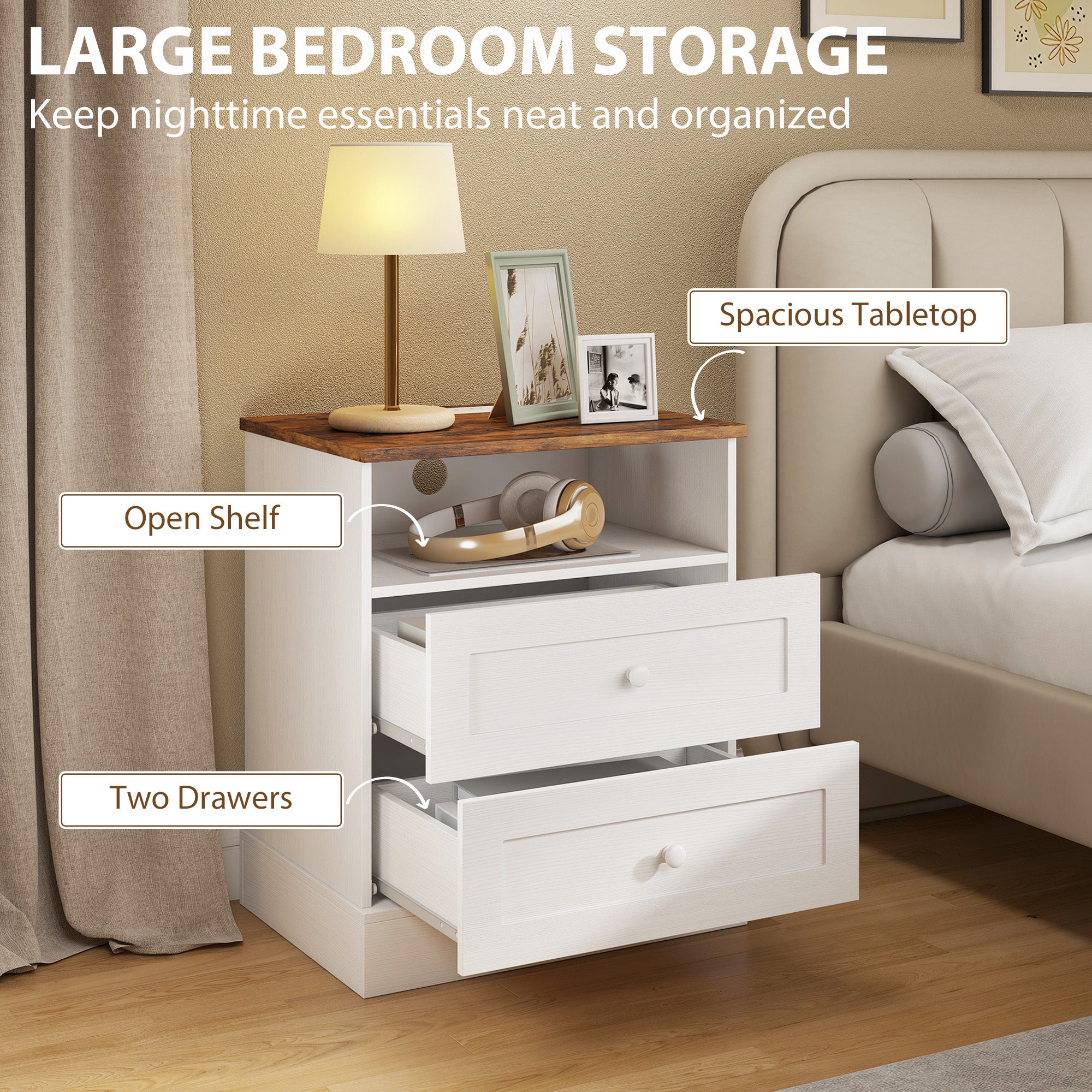 Modern Nightstands Set of 2, Bedside Table with Charging Station, 2 Drawers and Open Shelf, Side End Table for Bedroom, White and Oak