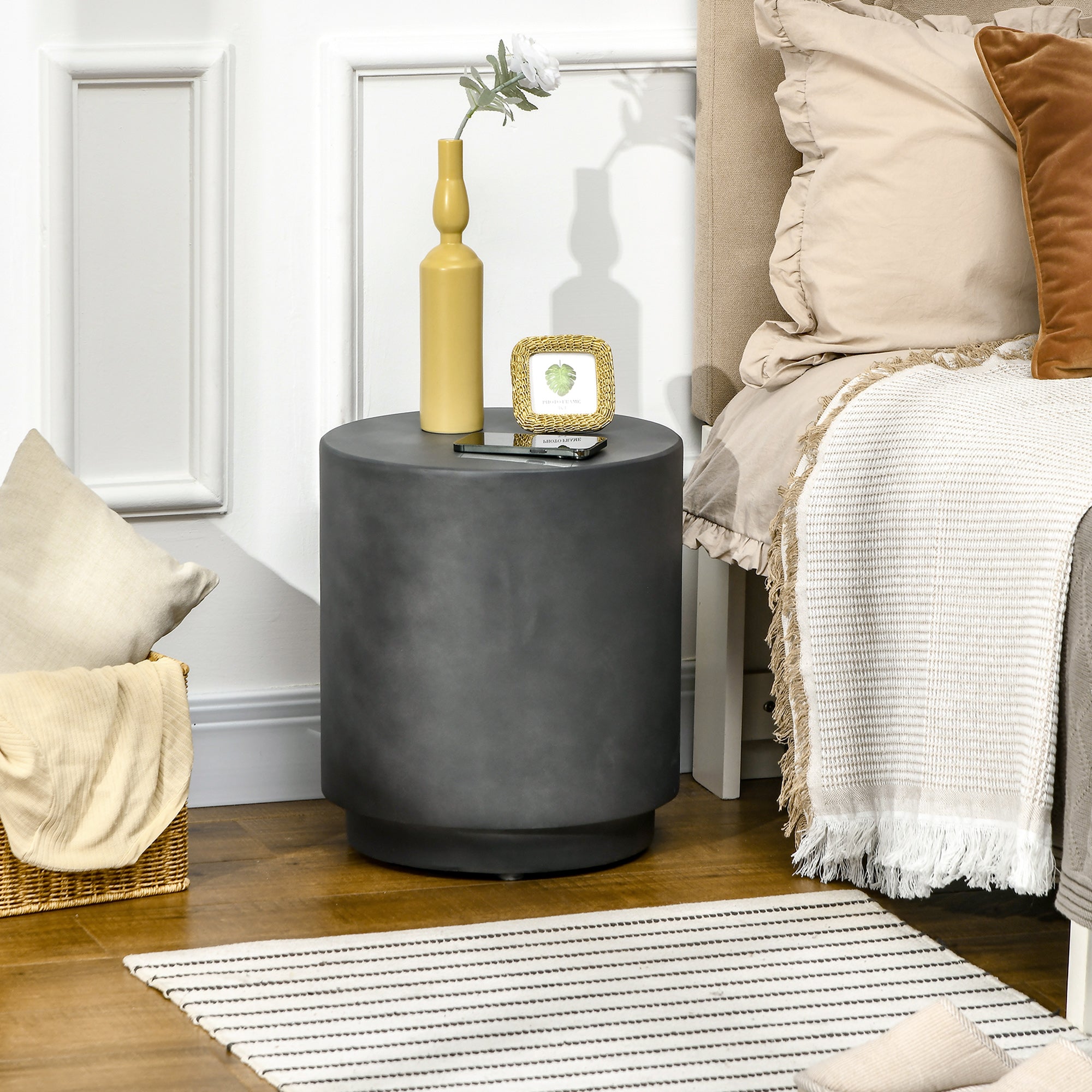 HOMCOM Concrete Finish Side Table, Lightweight Accent Table, 17" Patio Round Stump End Table with 4 Adjustable Feet for Indoor, Outdoor, Charcoal Grey