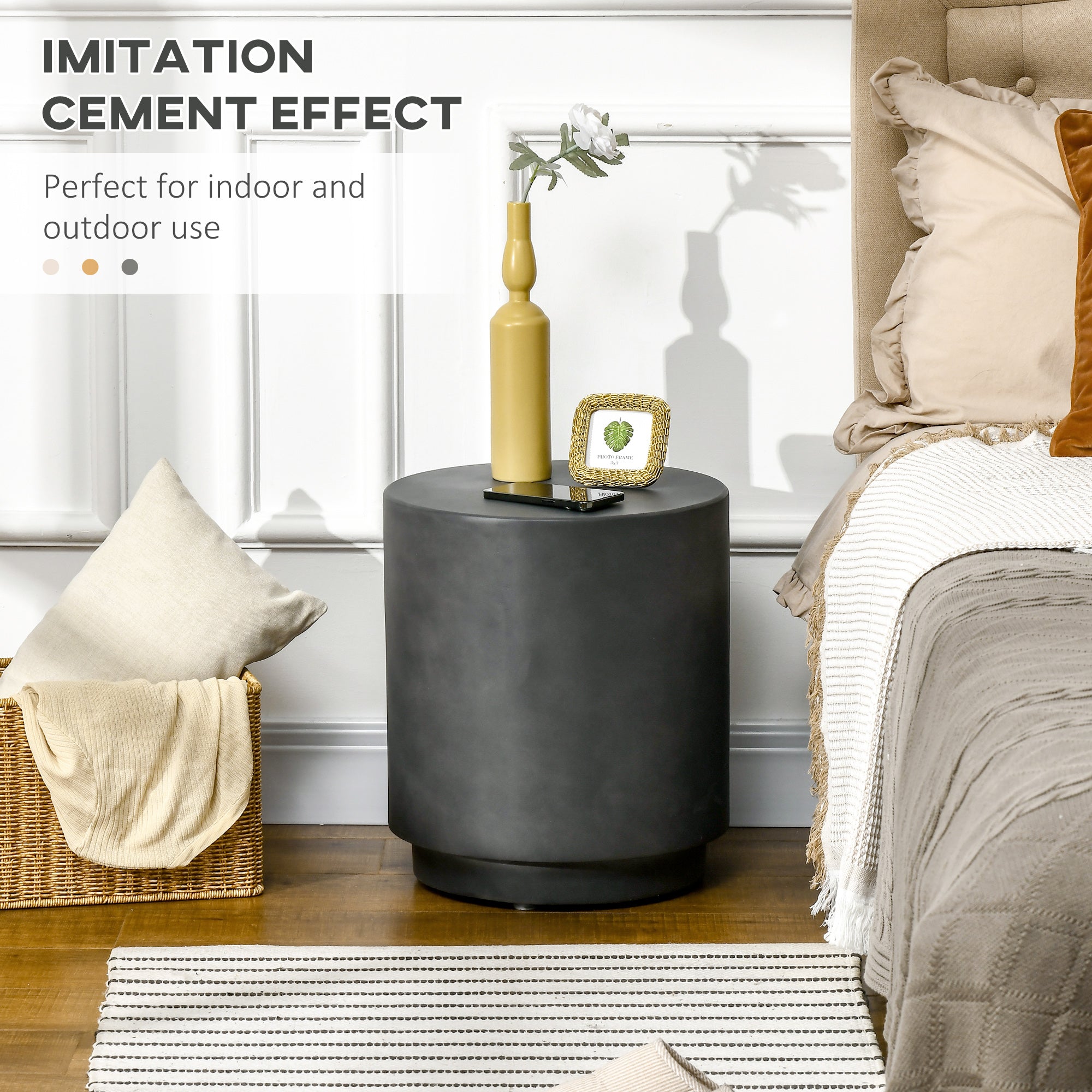 HOMCOM Concrete Finish Side Table, Lightweight Accent Table, 17" Patio Round Stump End Table with 4 Adjustable Feet for Indoor, Outdoor, Charcoal Grey