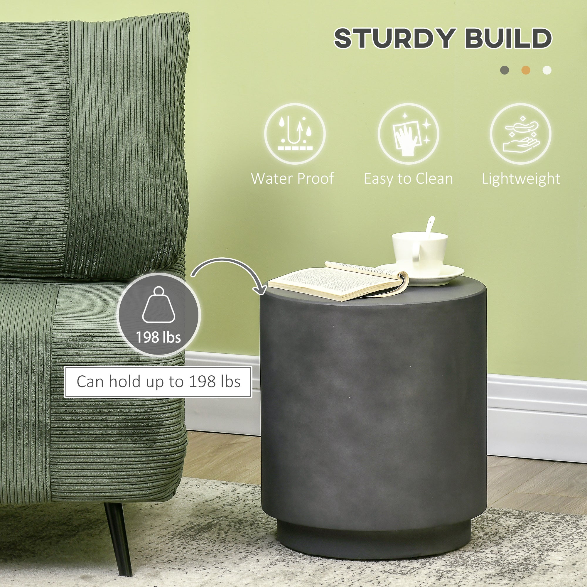 HOMCOM Concrete Finish Side Table, Lightweight Accent Table, 17" Patio Round Stump End Table with 4 Adjustable Feet for Indoor, Outdoor, Charcoal Grey