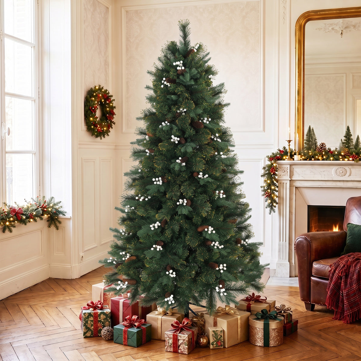 6ft Christmas Tree with 716 Branch Tips, Easy-Assembly Hinged Design, Artificial Full Fir Xmas Tree with Foldable Metal Stand for Home Office Holiday, Green