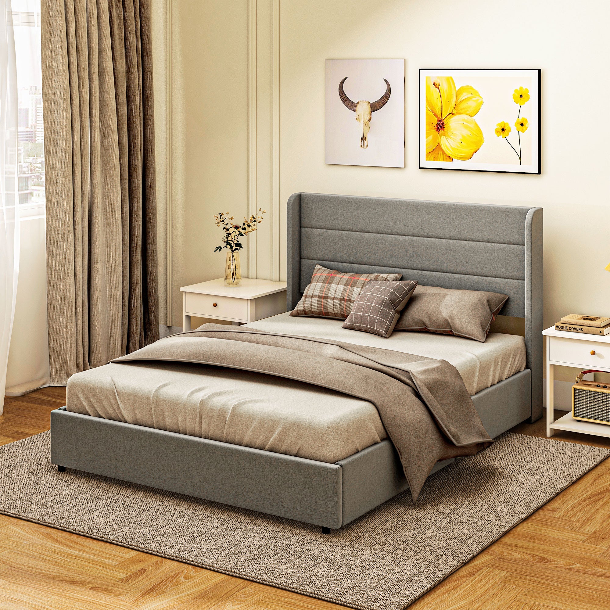 Full Bed Frame with Storage Drawers Headboard Wood Slats Noise Free Light Gray