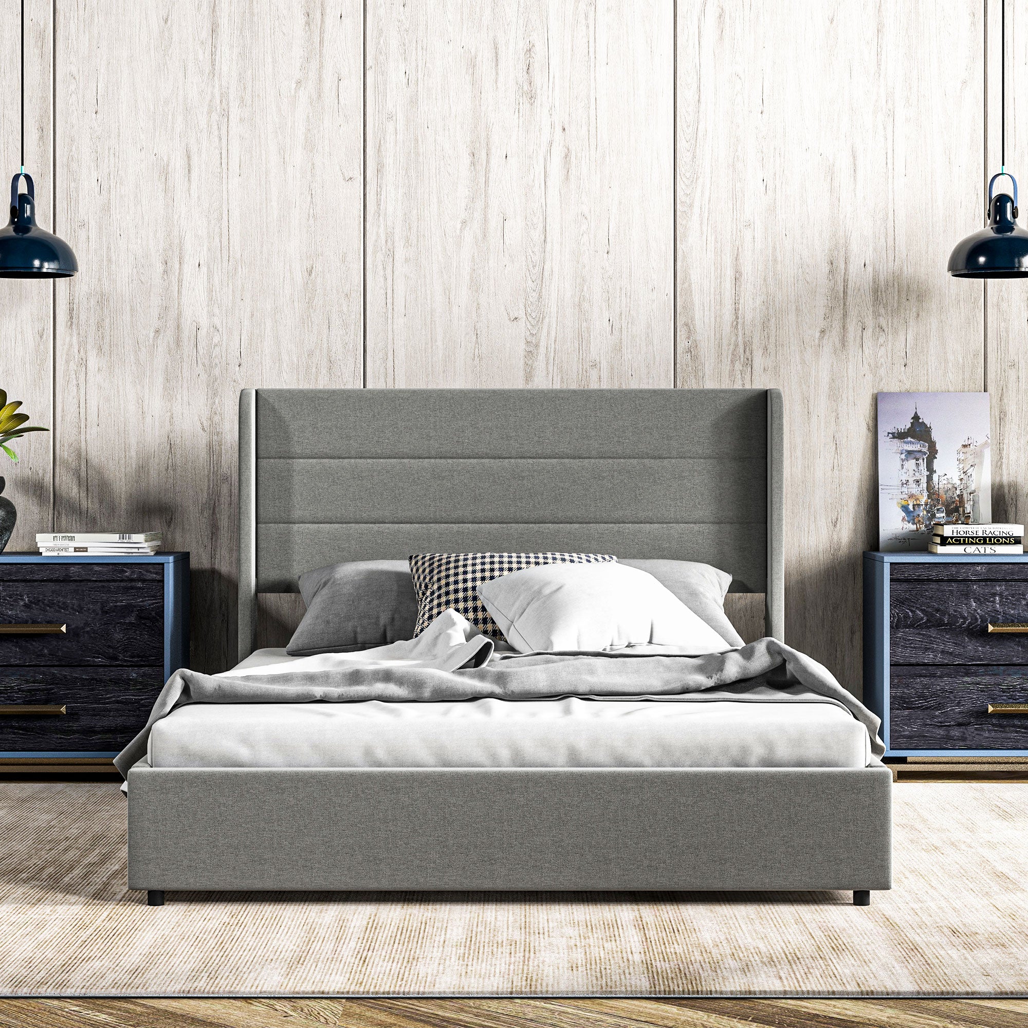 Full Bed Frame with Storage Drawers Headboard Wood Slats Noise Free Light Gray