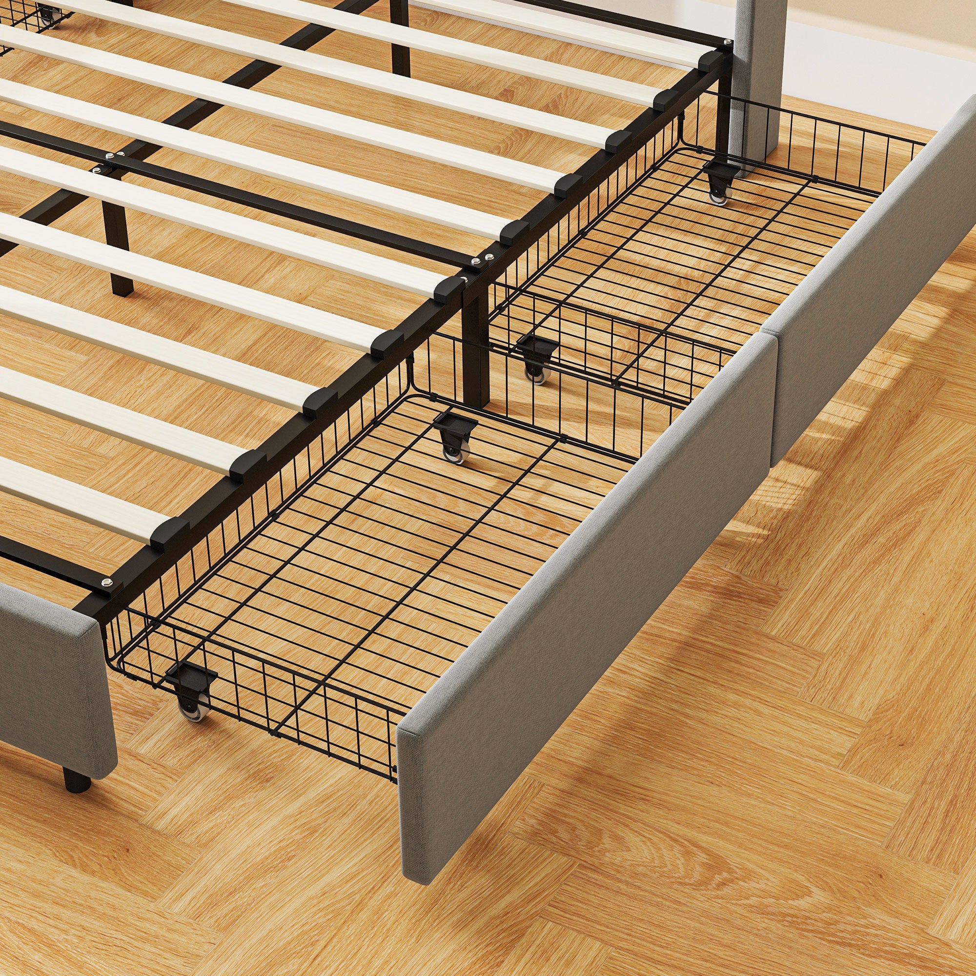 Full Bed Frame with Storage Drawers Headboard Wood Slats Noise Free Light Gray