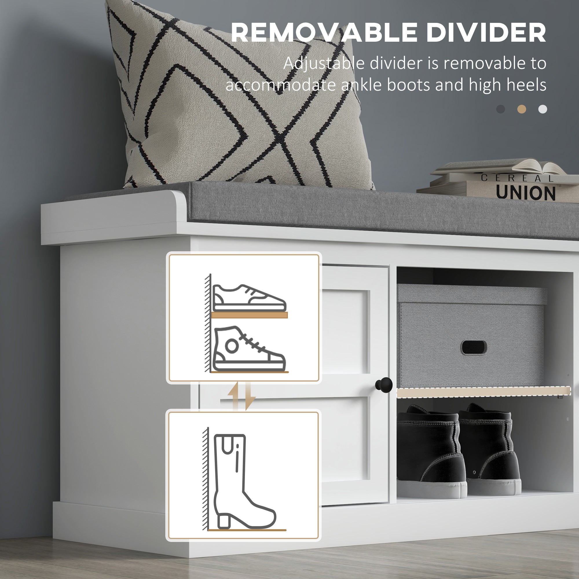 Shoe Storage Bench with Cushioned Seat, 2 Cabinets and Adjustable Shelf, White - HOMCOM