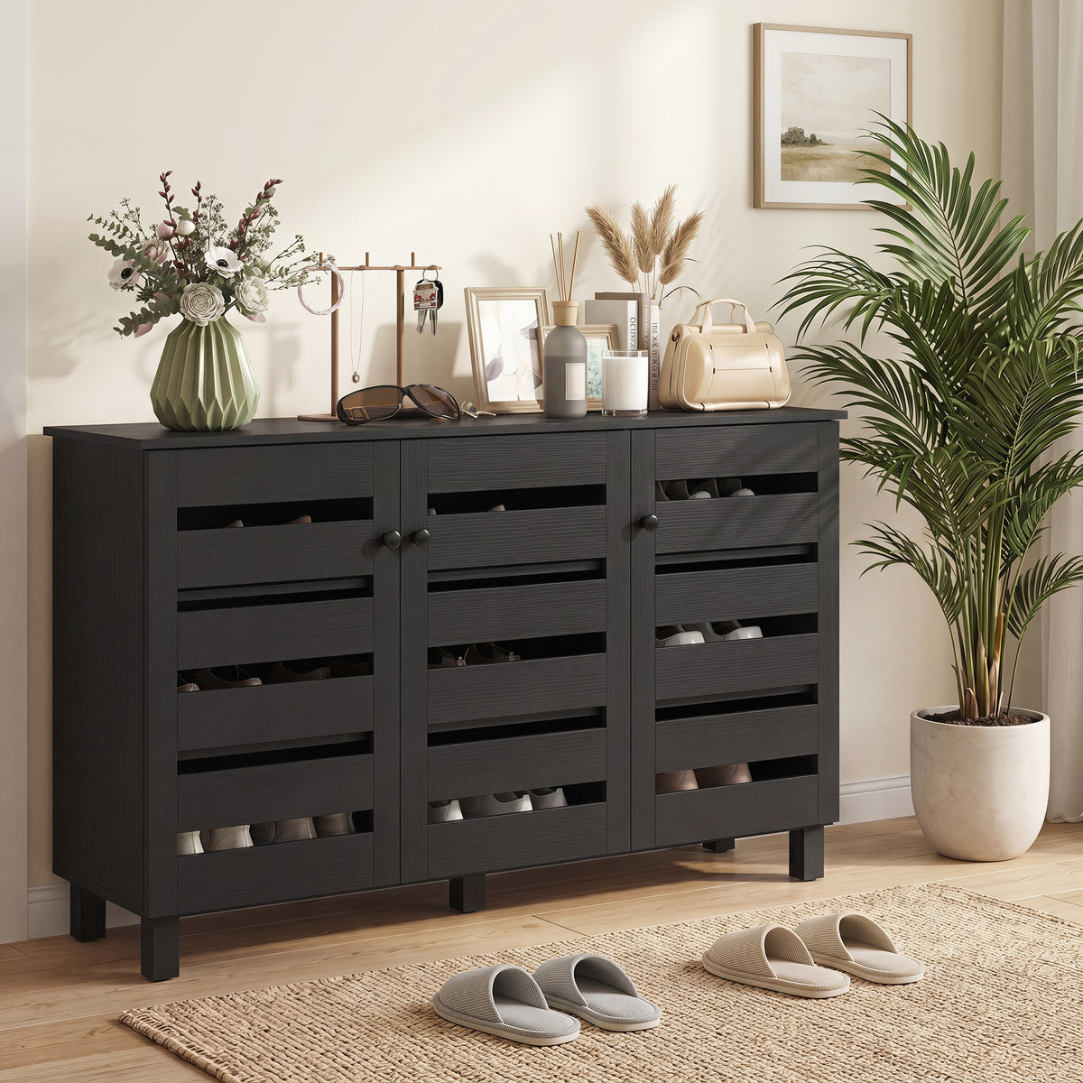 Shoe Cabinet, Shoe Storage Cabinet with 3 Slatted Doors, 3-tier Shelving Shoe Rack Cabinet with Adjustable Shelves for Entryway, Hallway, Living Room, Holds 15 Pairs, Black