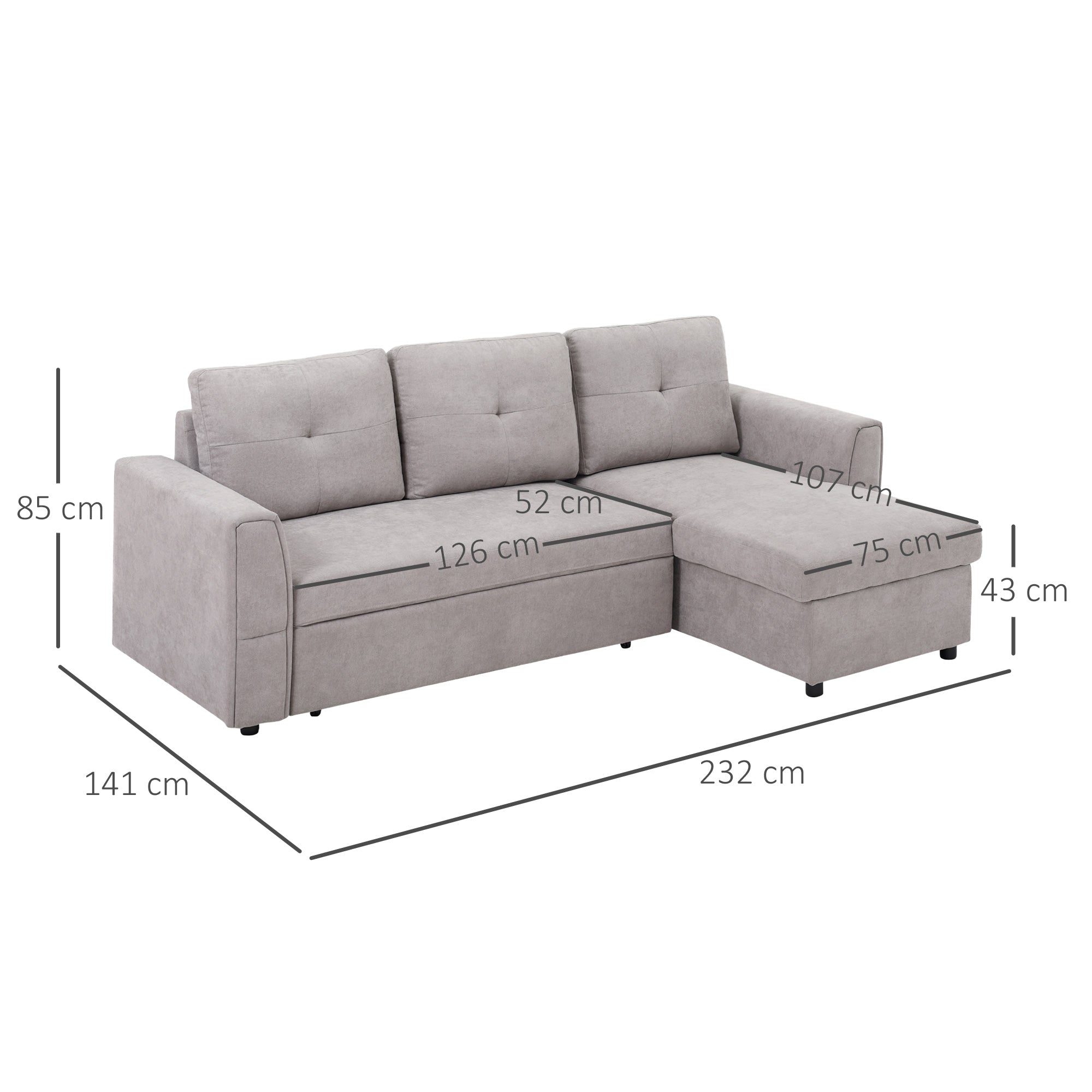 HOMCOM 3 Seater Sofa Bed, L-Shaped Corner Sofa, Pull Out Sofa with Storage, Convertible Click Clack Settee Sectional Sleeper Futon for Living Room, Office, Grey