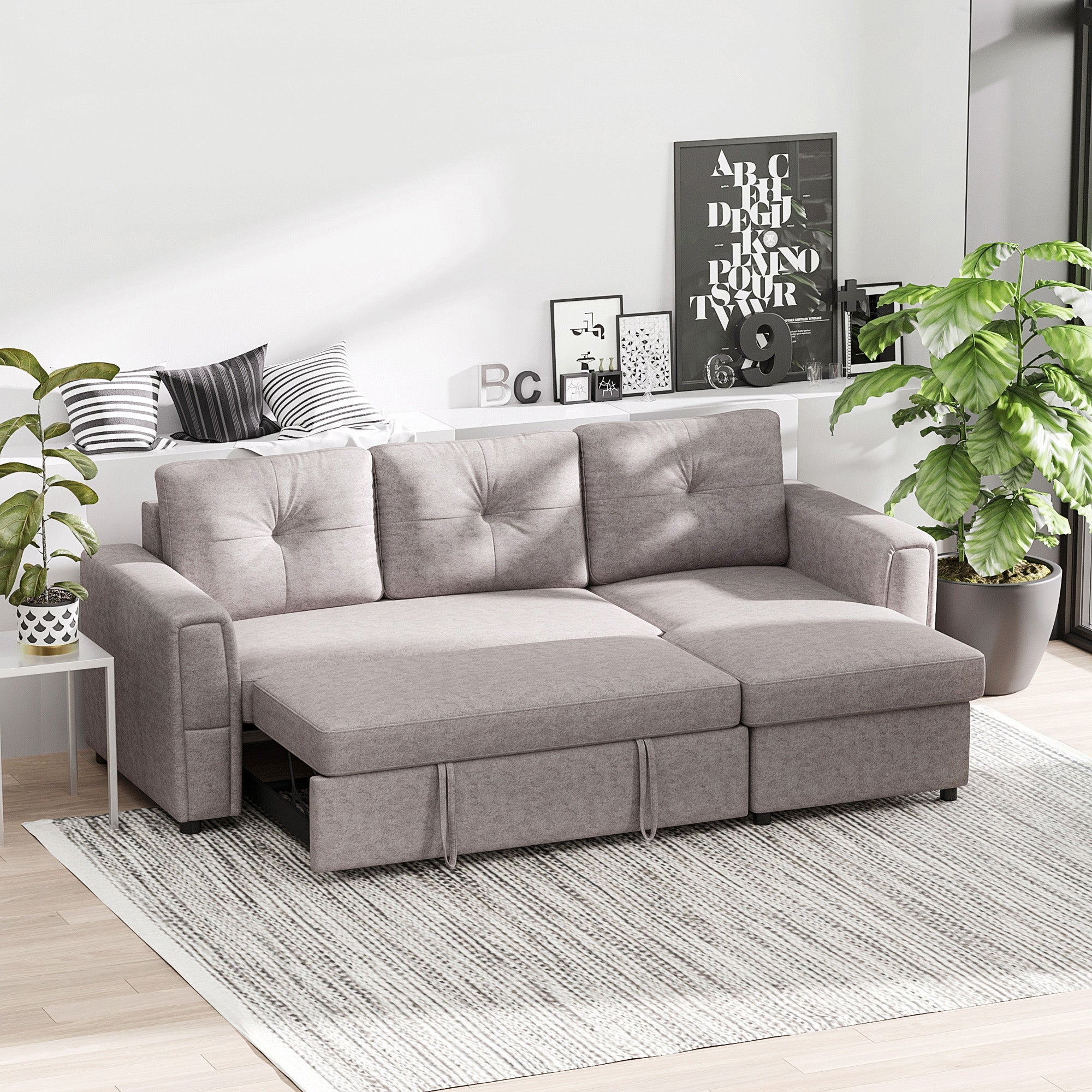 HOMCOM 3 Seater Sofa Bed, L-Shaped Corner Sofa, Pull Out Sofa with Storage, Convertible Click Clack Settee Sectional Sleeper Futon for Living Room, Office, Grey