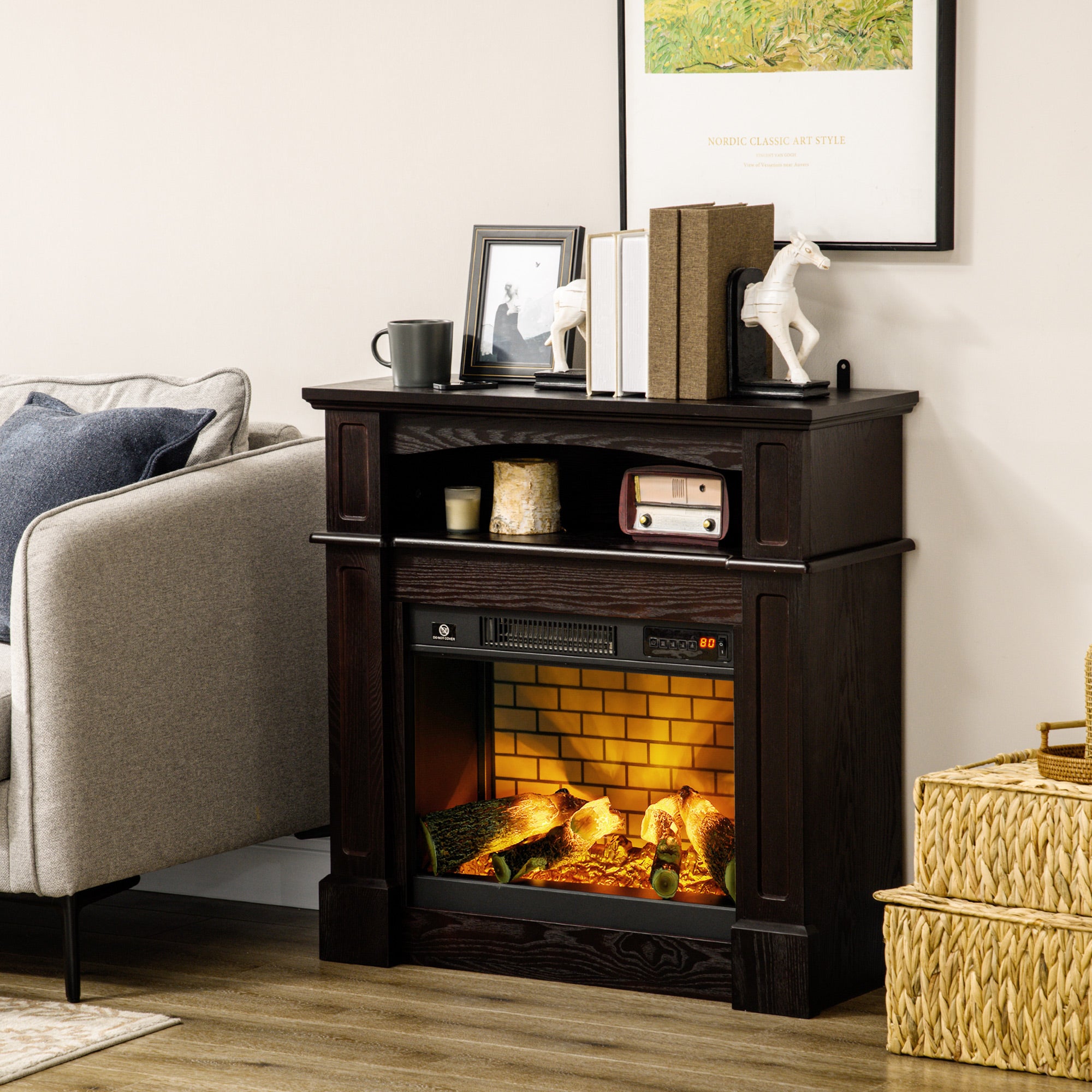 32" Electric Fireplace with Mantel, Freestanding Heater with LED Log Flame, Shelf and Remote Control, 1400W, Brown