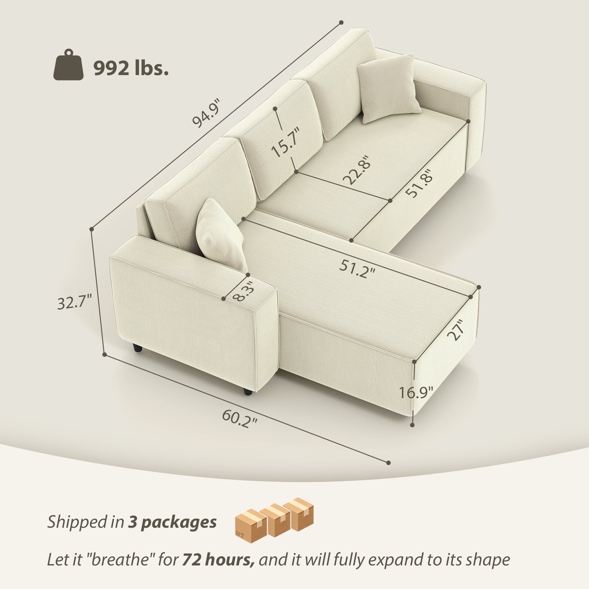 95" Sectional Sofa with Reversible Chaise Lounge, L-Shaped Corner Sofa with Corduroy Fabric, Pocket Spring, 2 Pillows, Wide Arm, Thick Padded, 3 Seat Couch for Living Room, Cream White