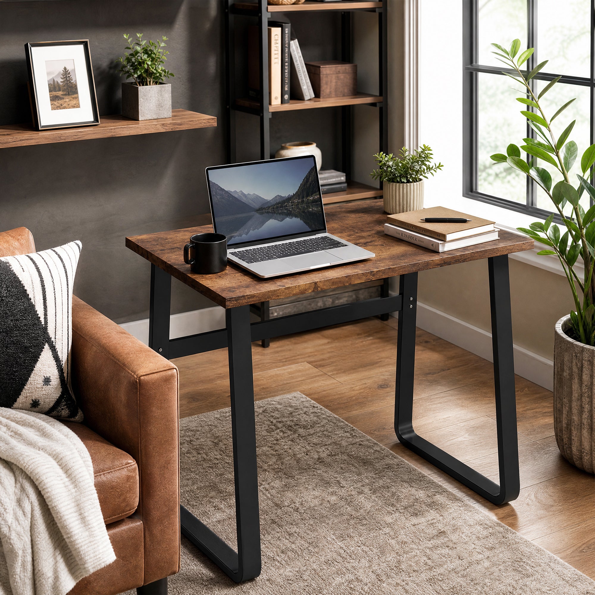 Computer Desk, Writing Desk with Steel Frame and Wood Top, Industrial Home Study Table, 100 x 58 x 74.5cm, Rustic Brown and Black