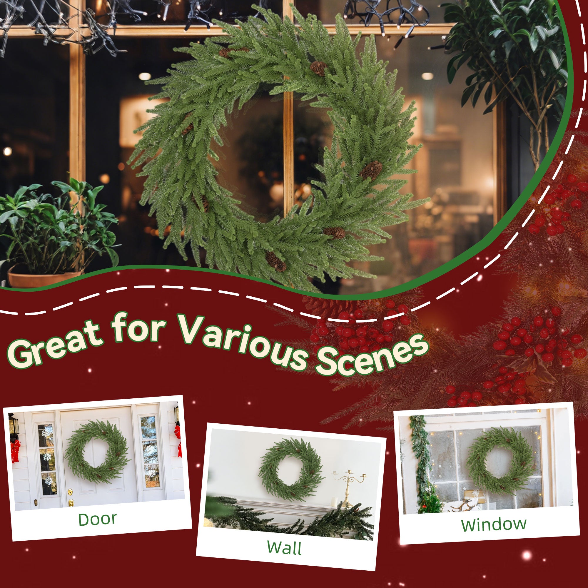 24 inch Christmas Wreath with Pine Cones, Artificial Norfolk Pine Wreath with 88 Realistic Branches for Door, Wall, Window, Indoor Decoration, Green