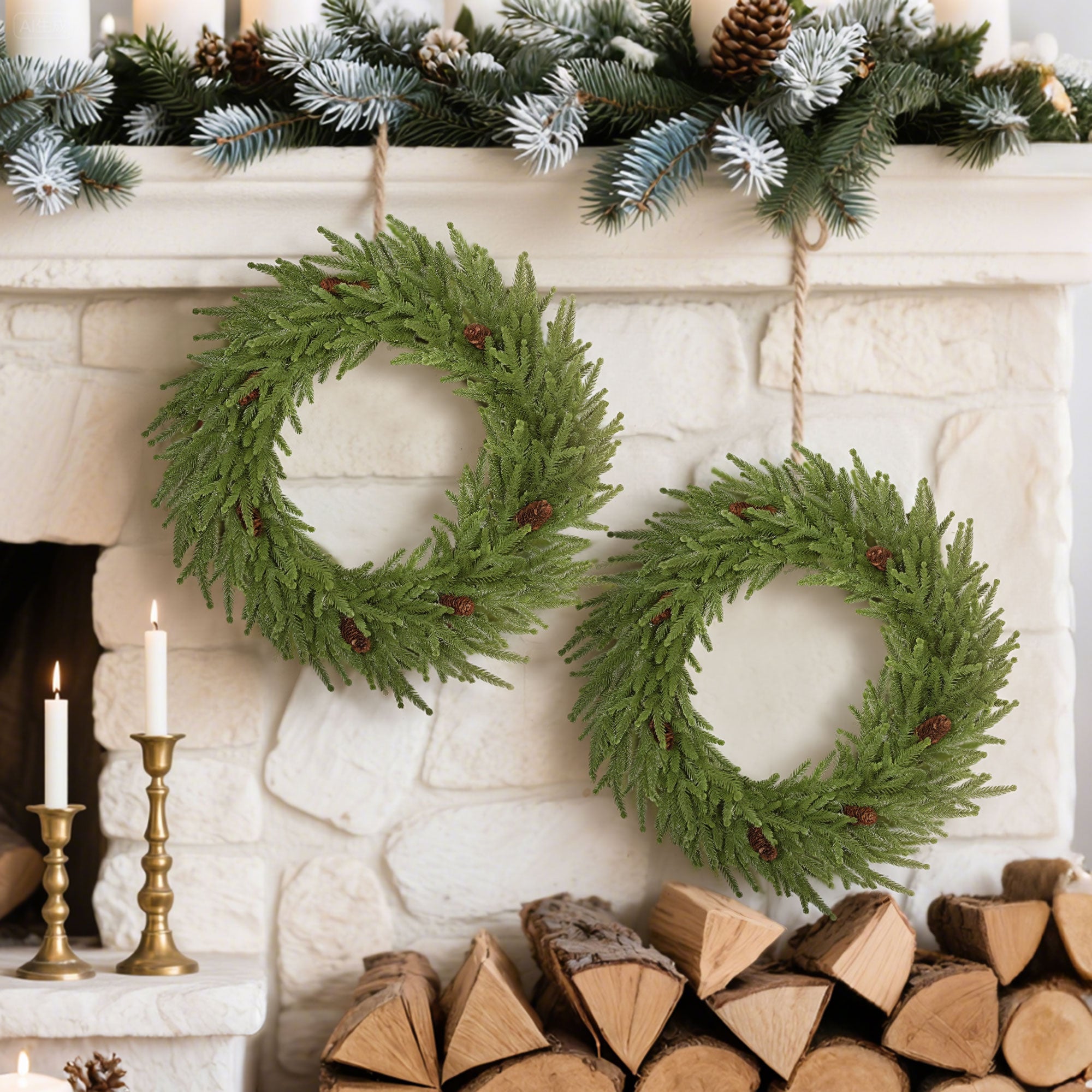 24 inch Christmas Wreath with Pine Cones, Artificial Norfolk Pine Wreath with 88 Realistic Branches for Door, Wall, Window, Indoor Decoration, Green