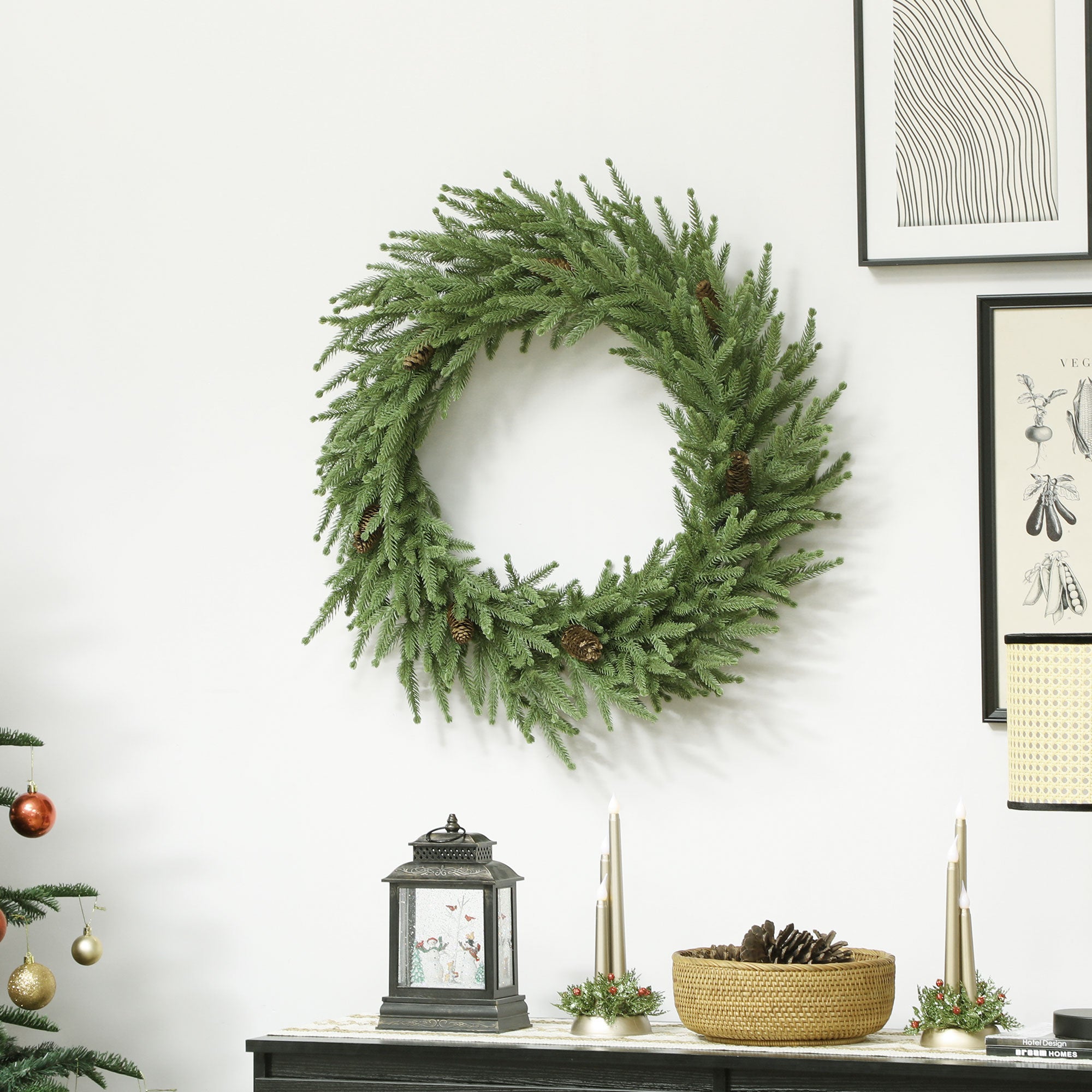 24 inch Christmas Wreath with Pine Cones, Artificial Norfolk Pine Wreath with 88 Realistic Branches for Door, Wall, Window, Indoor Decoration, Green